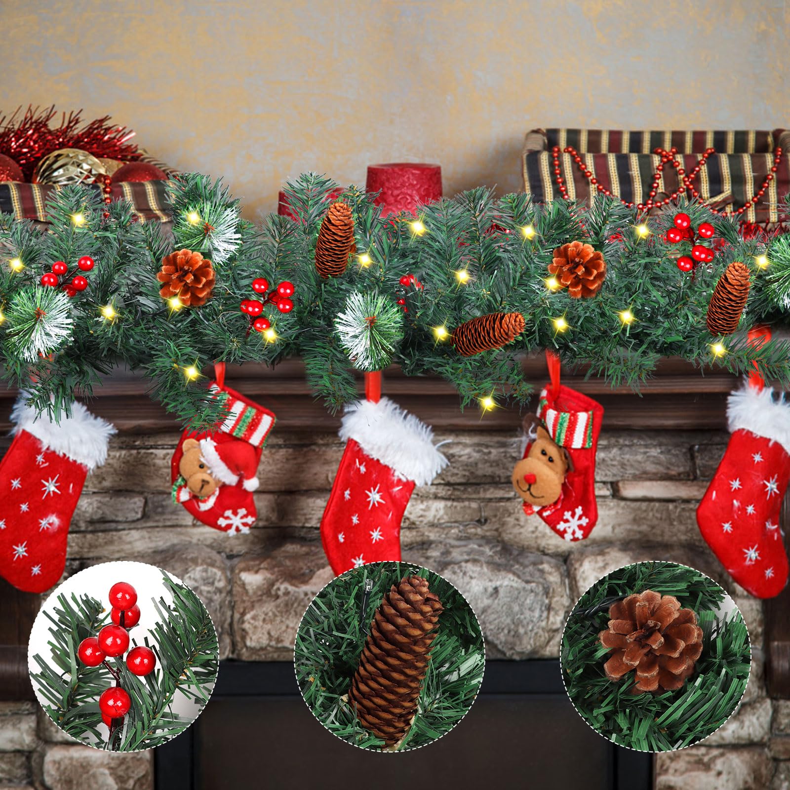 CCINEE Guirlande de Noël artificielle pré-éclairée de 2,7 m, guirlande de Noël à piles avec 50 lumières LED, guirlande de Noël éclairée avec pommes de pin et baies rouges pour décoration intérieure et