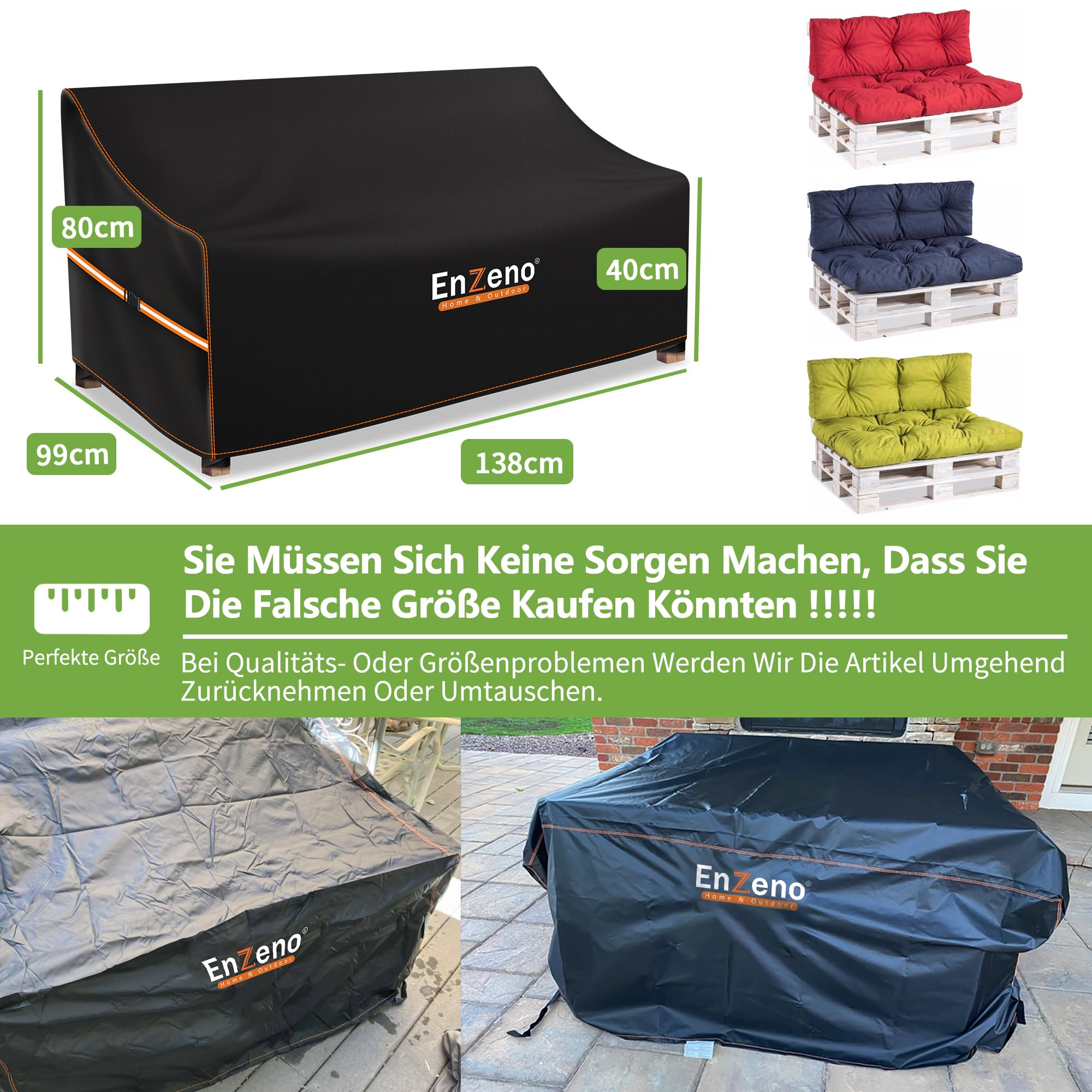 Enzeno Cubierta para Muebles de palé, 138 x 99 x 80/40 cm, para Banco de jardín, 2 plazas, Funda de sofá de jardín, Cubierta Impermeable de Tejido Oxford 420D