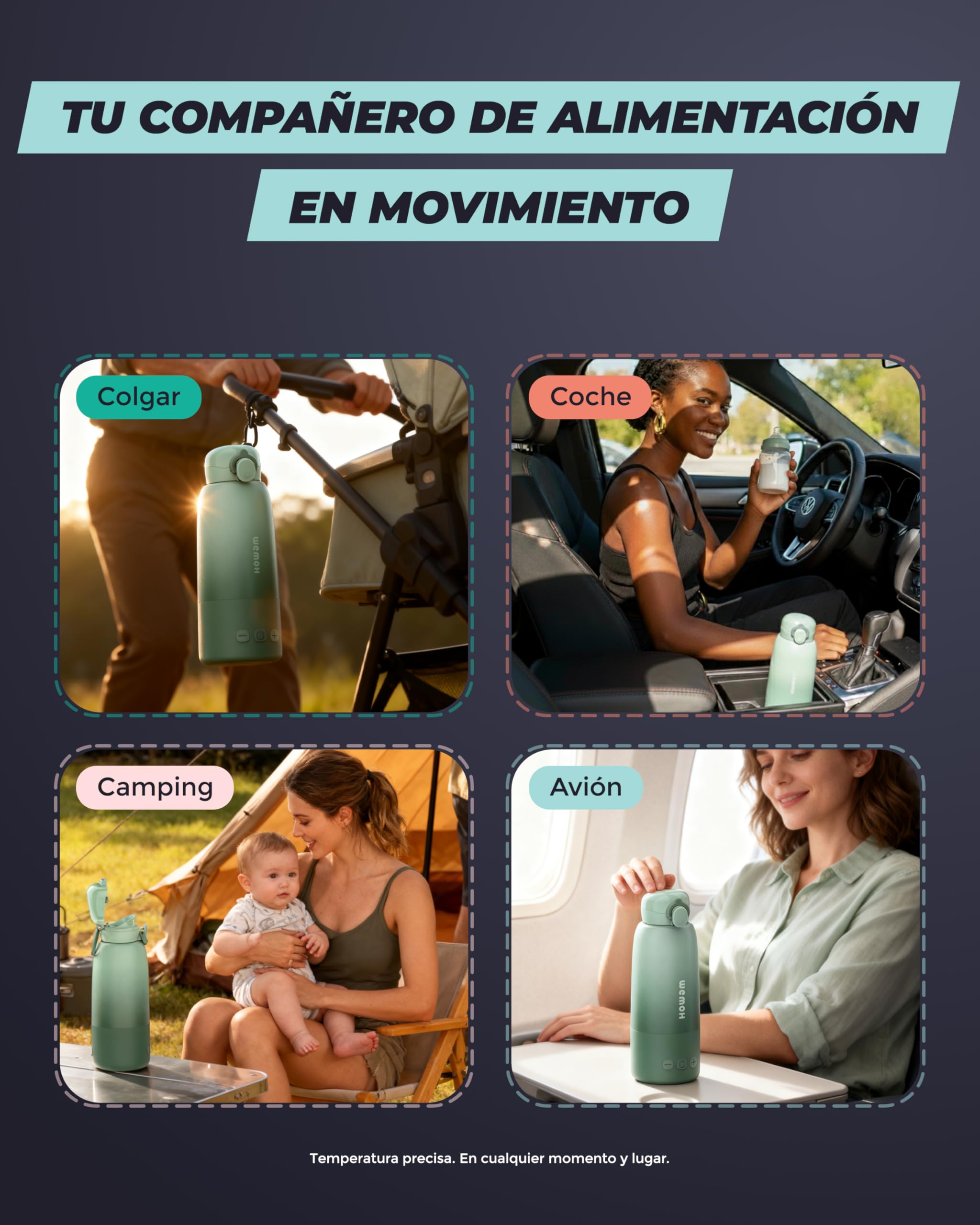 Calientabiberones Portátil: Autolimpieza, control temperatura, 8 tomas/carga, 450ml, 100W para leche materna, fórmula y agua