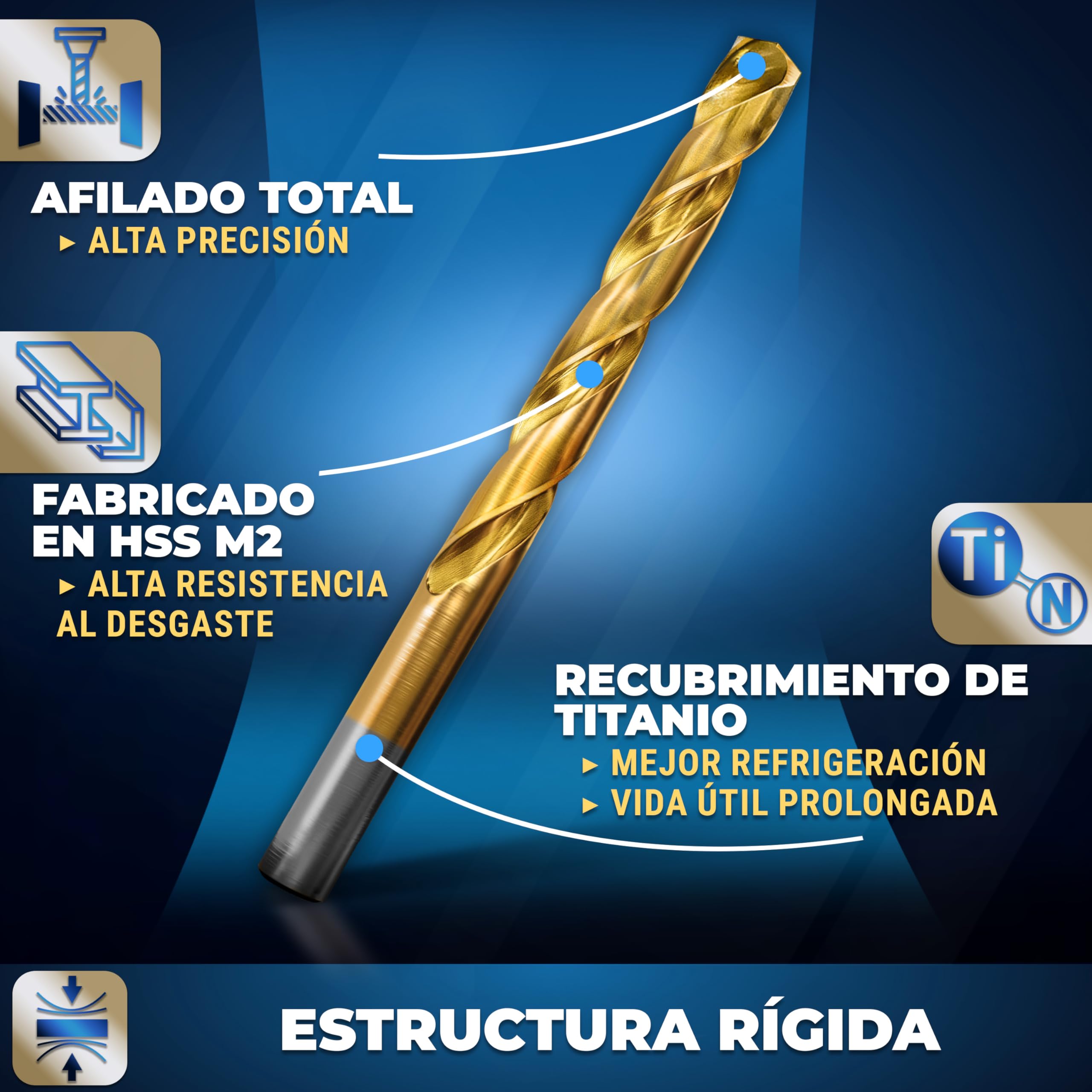 S&R Juego de Brocas HSS Titanio Metal (1-10 mm) 135 ° serie TM DIN 338. Set de 19 Brocas Profesionales en Caja de Metal.