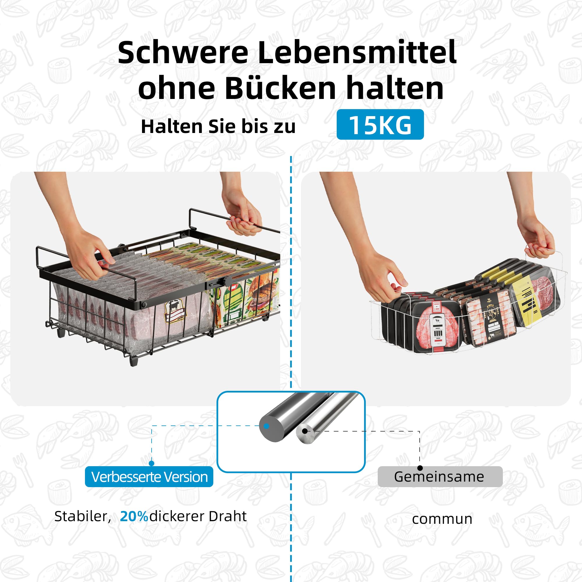 4er Stapelbar Gefriertruhe korb,gefriertruhe organizer verstellbar,gefrierschrank organizer,stapelkörbe,Schwarz, Ausziehbare Länge 29-46CM