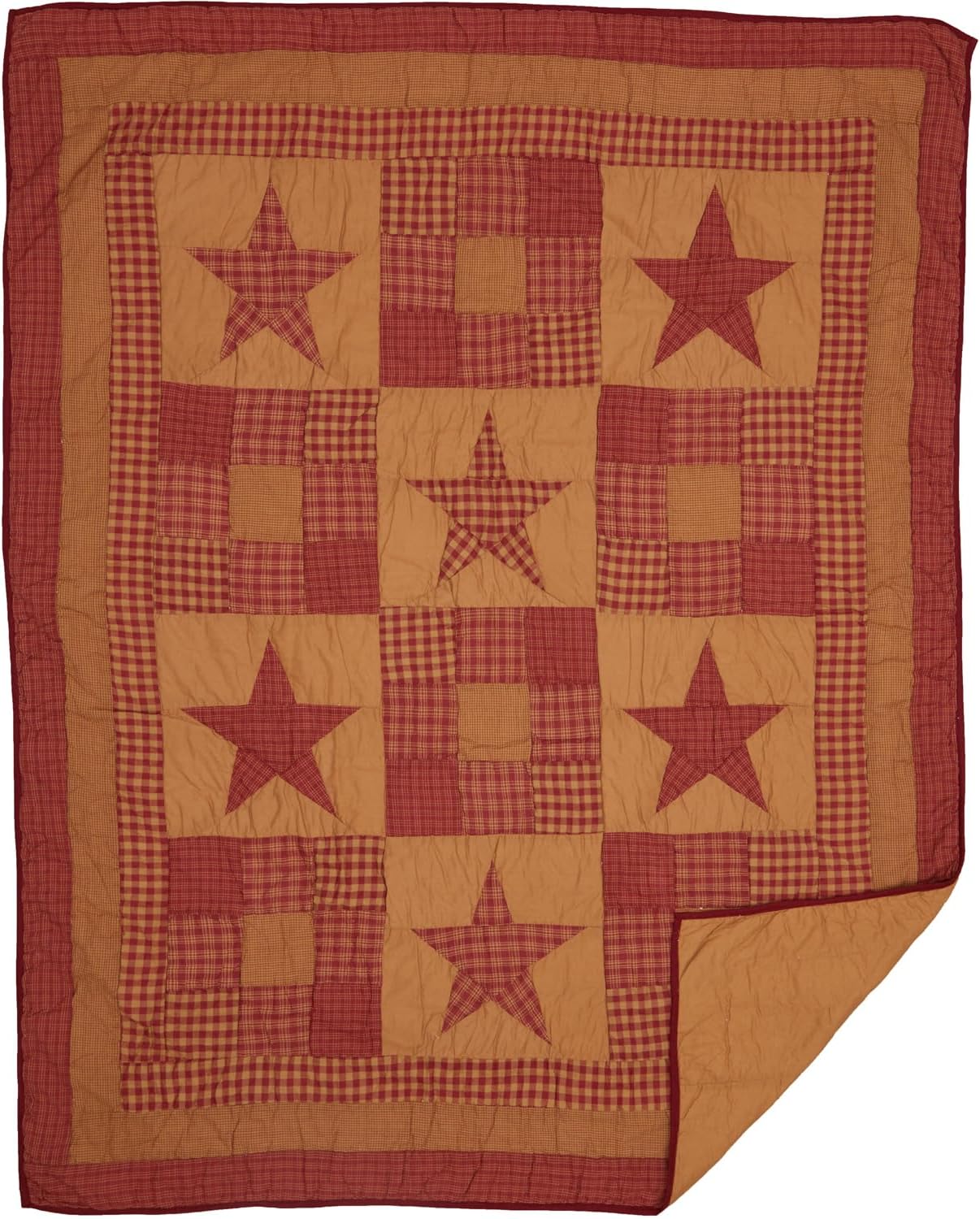 VHC Brands Ninepatch Star Primitive 60"x50" Throw Red Rod Pocket Patchwork Cotton Pre-Washed Rectangle Decor