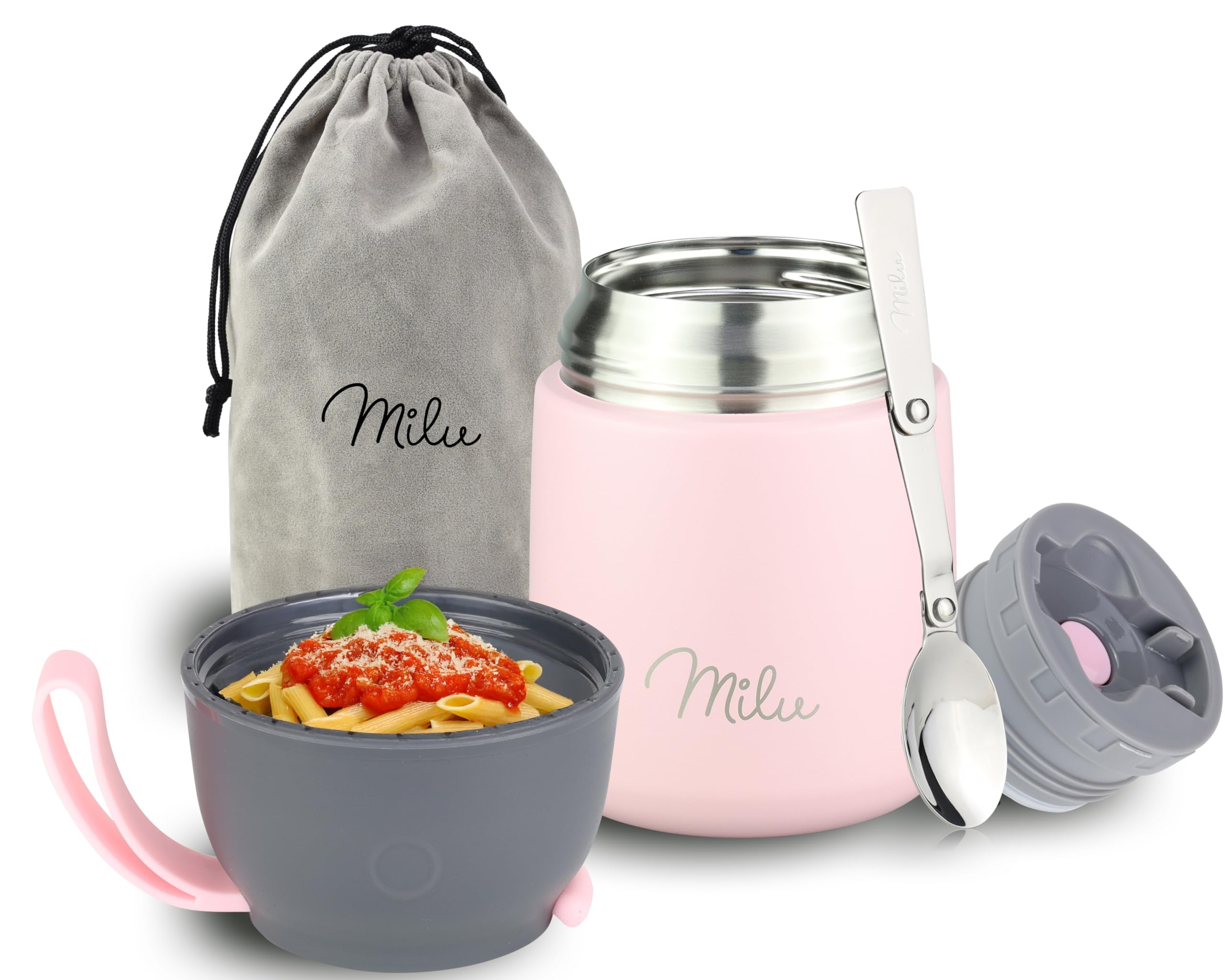 Milu Food Flask for Hot Food - 450ml Leakproof Insulated Stainless Steel Thermal Lunch Box, Soup Container with Spoon, BPA-Free, to go Meal Prep, Porridge (Pink, 450ml)