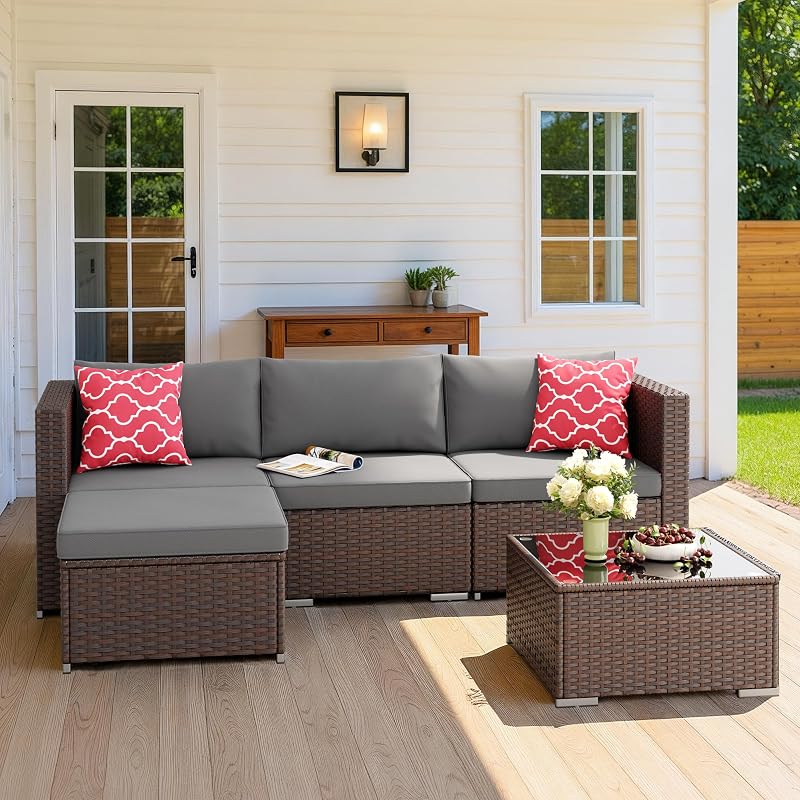 Aiho 5 Pieces Patio Furniture Set All-Weather Outdoor Wicker Sectional Patio Furniture with Cushion and Glass Table (Grey) image 4