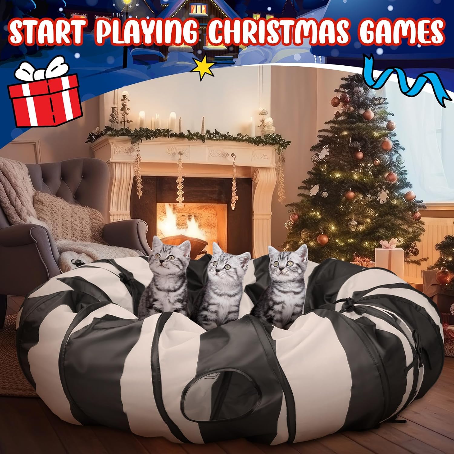 4' x 4' x 11.8'' Cat Tunnel Christmas Tree Skirt Black and White Cat Tunnel Bed Under Christmas Tree 142'' Long Detachable Donut Tube for Indoor Cats Xmas Kitty Cave for Kitten Kitty