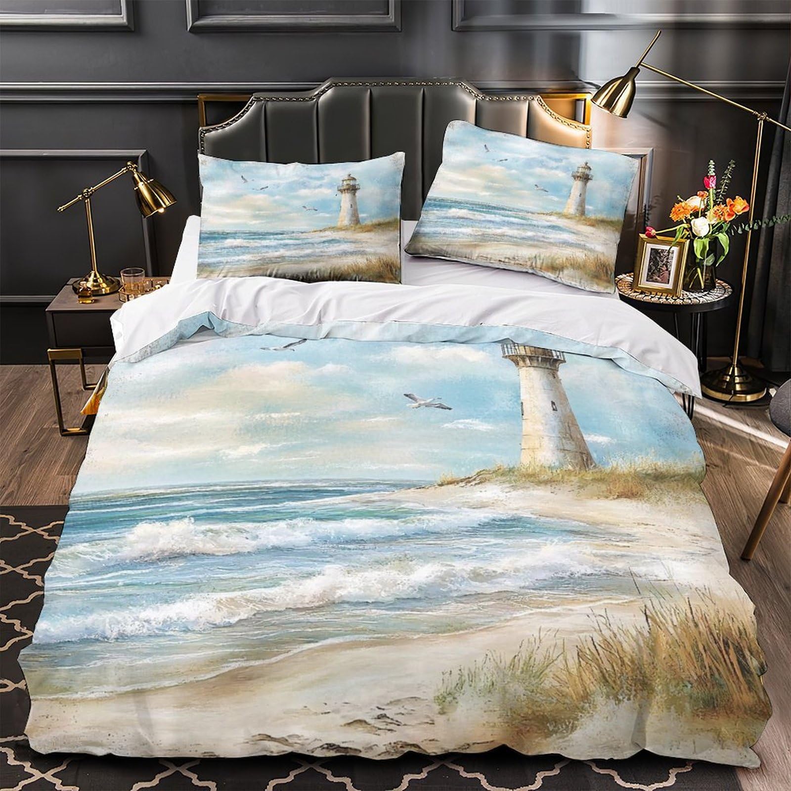 Housse de couette 3D phare peinture marine pour lit double