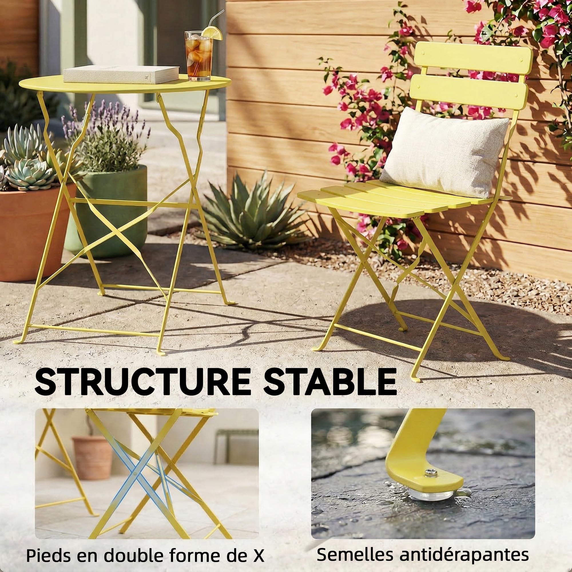 Outsunny Ensemble Bistrot de Jardin 3 Pièces san Montage - Table et 2 Chaises Pliantes à Lattes en Métal avec Double Protection Antirouille - Mobilier de Balcon et Terrasse Chic, Jaune