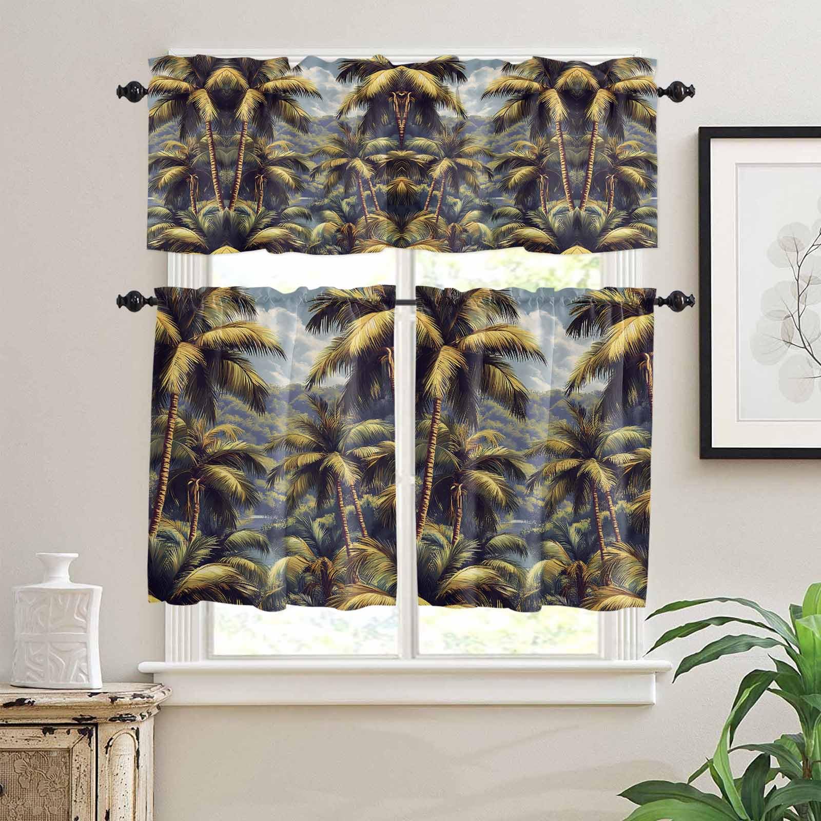 Palm Tree Kitchen Curtains 36 Inch Length, 3 Piece Rod Pocket Small Half Tiers and Valance Set, Farmhouse Watercolor Tropical Plant Leaves Small Large Window Treatment Decor for Bedroom/Bathroom Sink