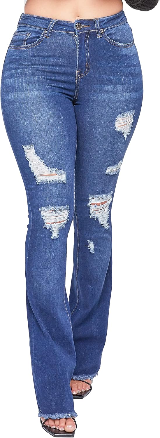 YMI Womens 1 Button HIGH Rise FRAY Hem Flare Jean
