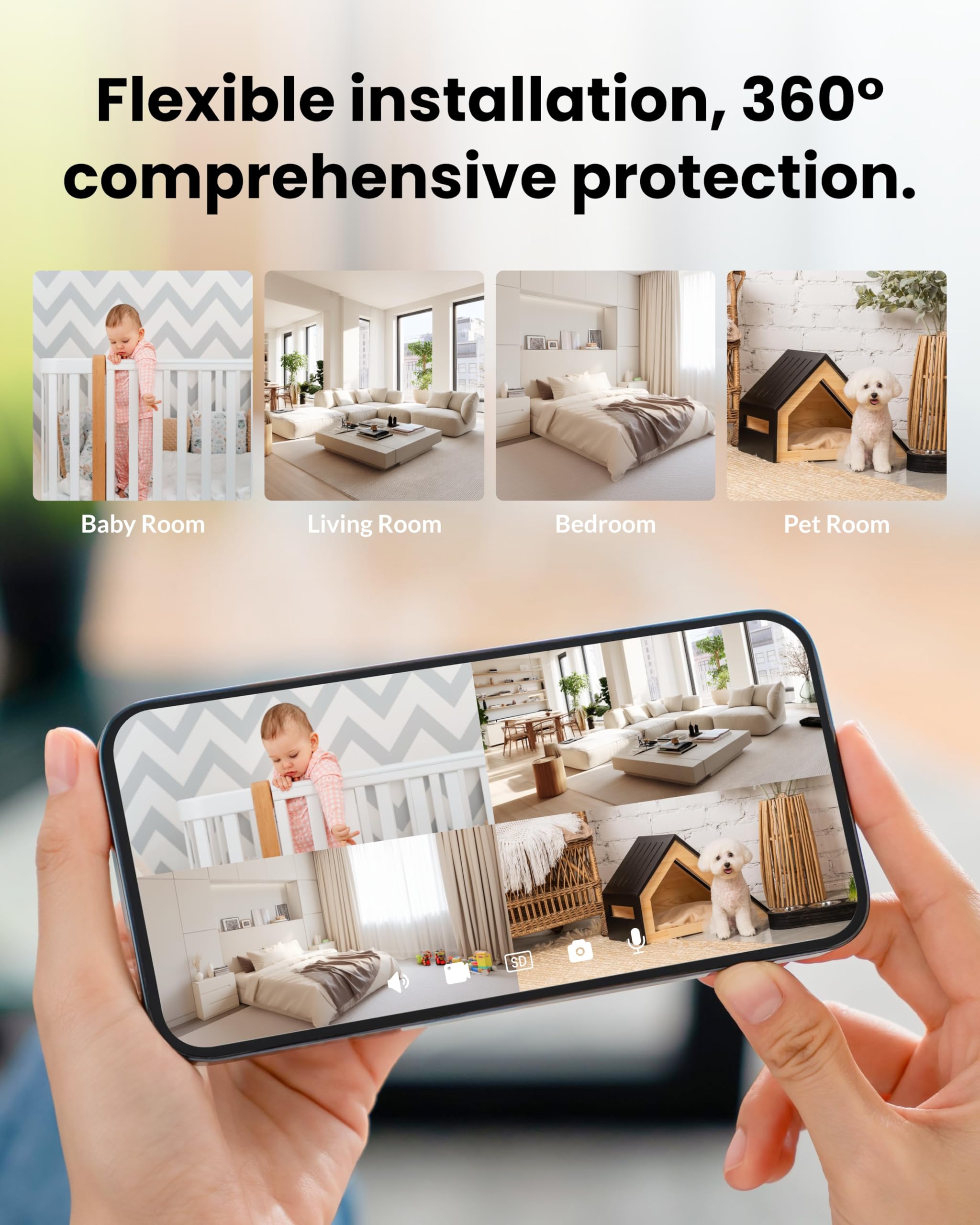 Cámara de seguridad de doble lente para interiores 5G/2.4G WiFi, cámara para mascotas de 4 MP con inclinación panorámica para el hogar, monitor de bebé, seguimiento de IA, visión nocturna a color