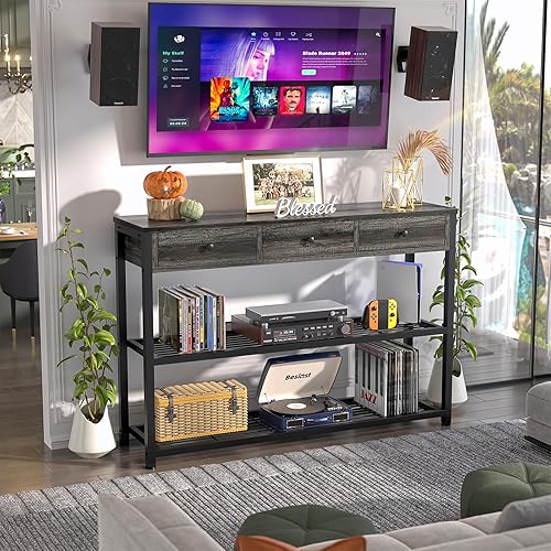 Miniatura 4 de Besiost Mesa de entrada de 47 pulgadas con cajones y estantes de almacenamiento, mesas de consola con cajones para entrada, mesas de sofá estrechas