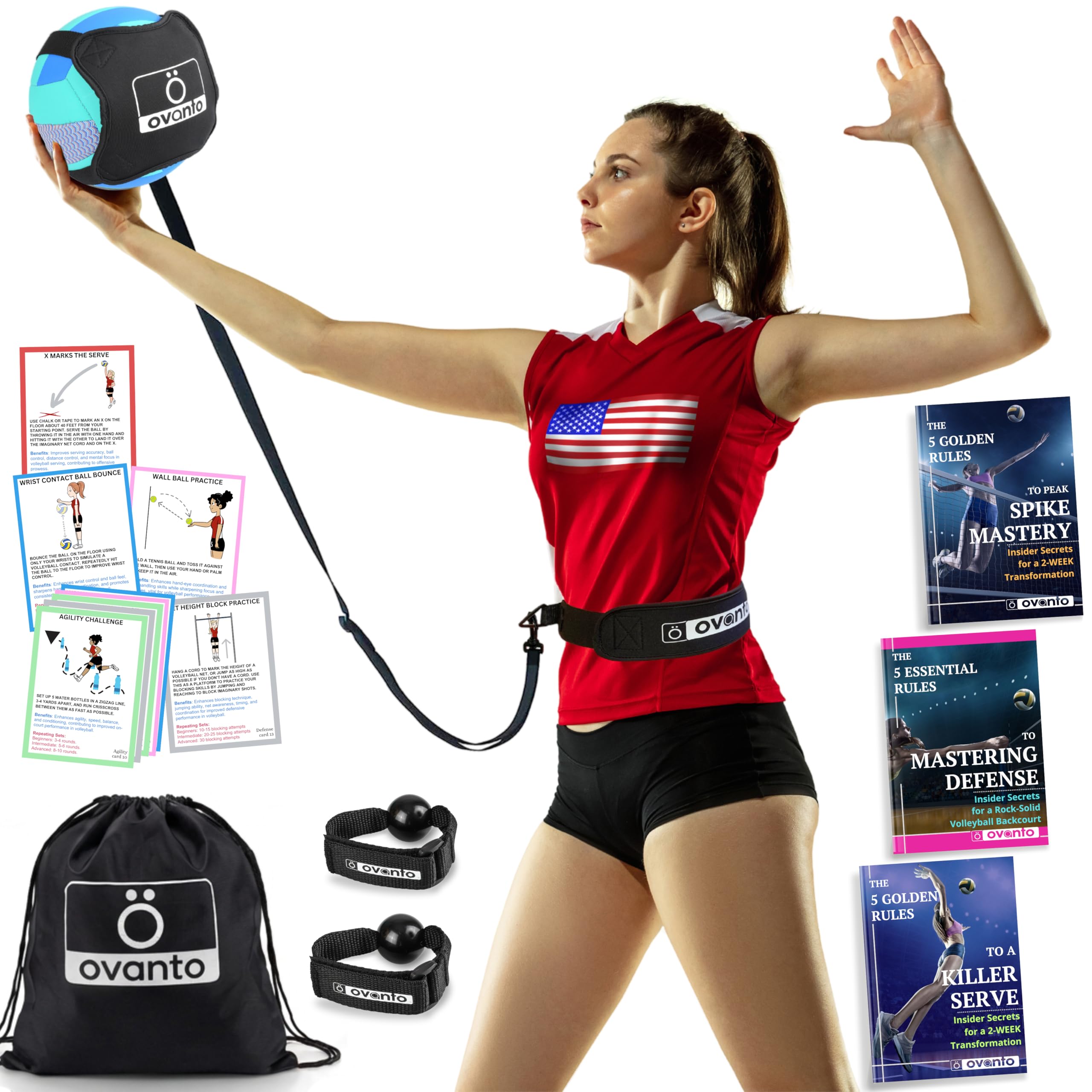 OVANTO Volleyball Training Equipment Aid – Solo Volleyball Equipment in 4 Styles to Serve, Spike, Set and Pass Like a Pro - Adjustable Volleyball Practice Equipment Gift for Beginners & Experts