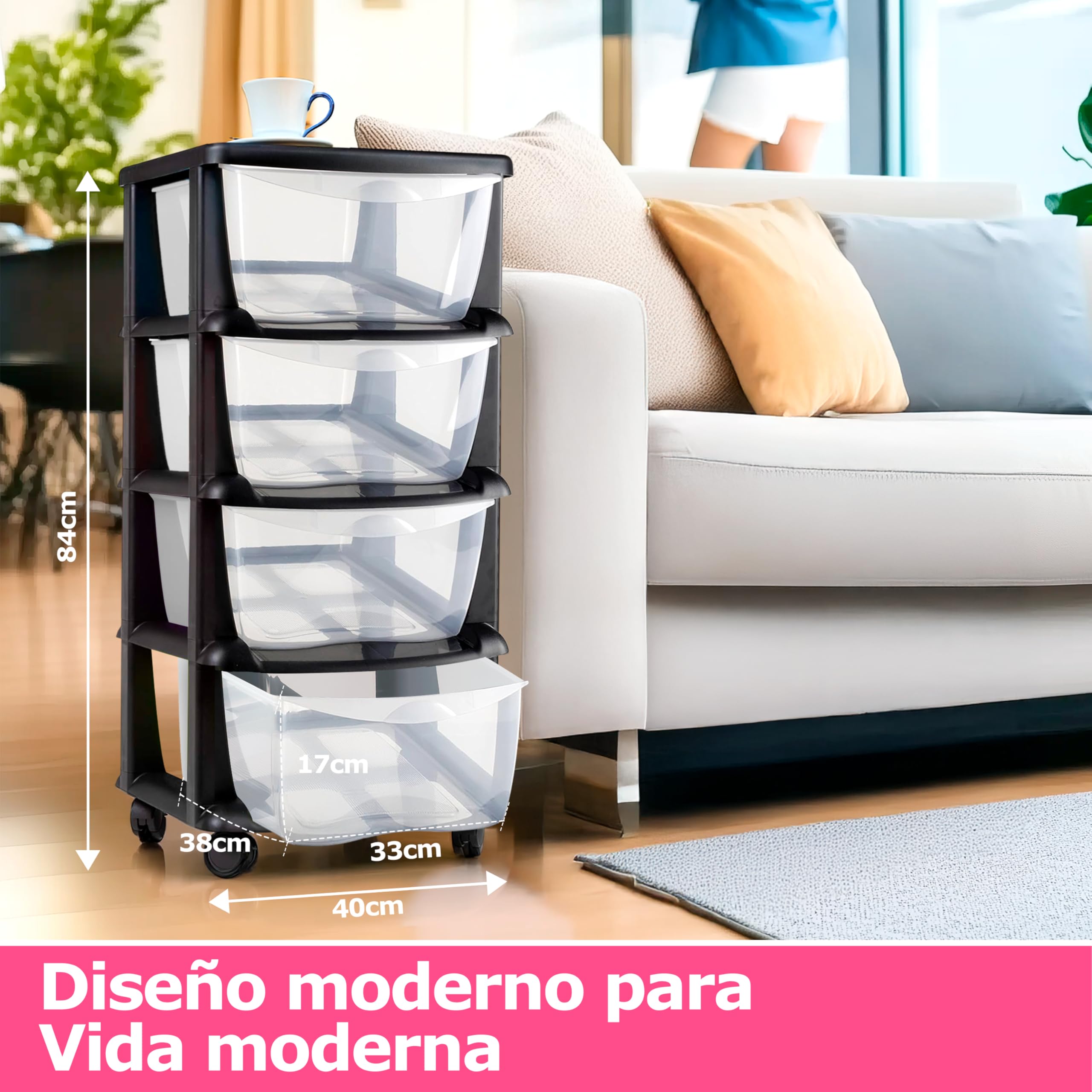 Mueble almacenaje Plastico torre cajonera organizador cajones con ruedas archivador - Escritorio,Oficina, escuela,baño, sala de estar - Hecho en E.U (4 Cajones)