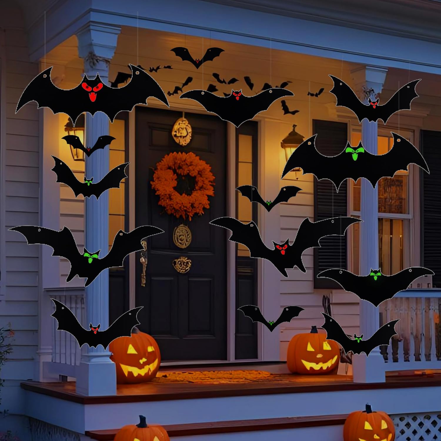 Hanging Bats Halloween Decorations Outdoor - 16 Pack Glowing Eyes Large Flying Bats 5 Different Size, Waterproof Plastic Realistic Black Bats Hanging in Tree Outside Halloween Decoration for Porch
