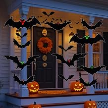 Hanging Bats Halloween Decorations Outdoor - 16 Pack Glowing Eyes Large Flying Bats 5 Different Size, Waterproof Plastic Realistic Black Bats Hanging in Tree Outside Halloween Decoration for Porch