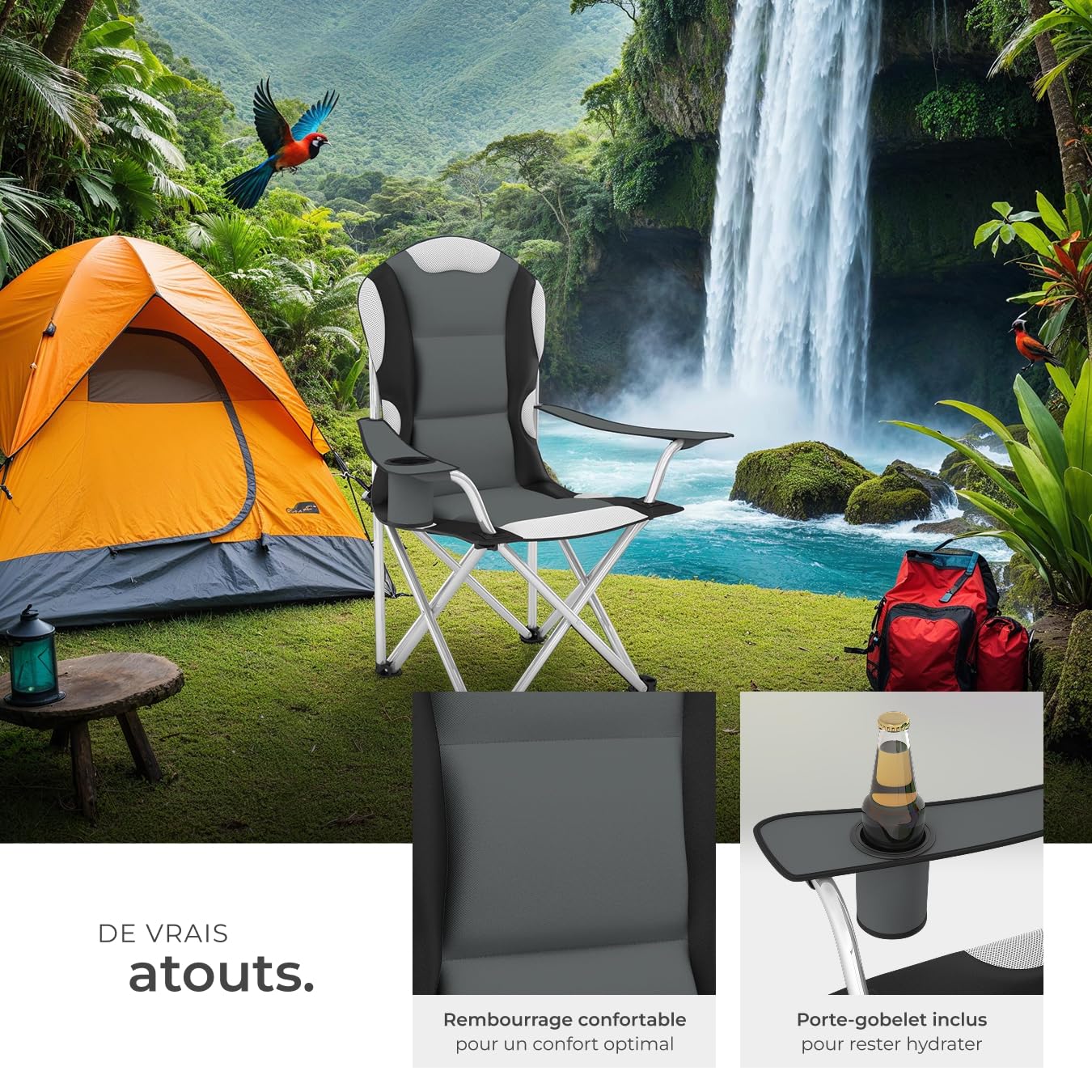 tectake Chaise de Camping Fauteuil Pliable avec Porte-Boisson et Sac de Transport - Rembourrage en Mousse -diverses Couleurs et Tailles au Choix- (Gris (2 pièces)) Ø Cadre: Environ 19 mm