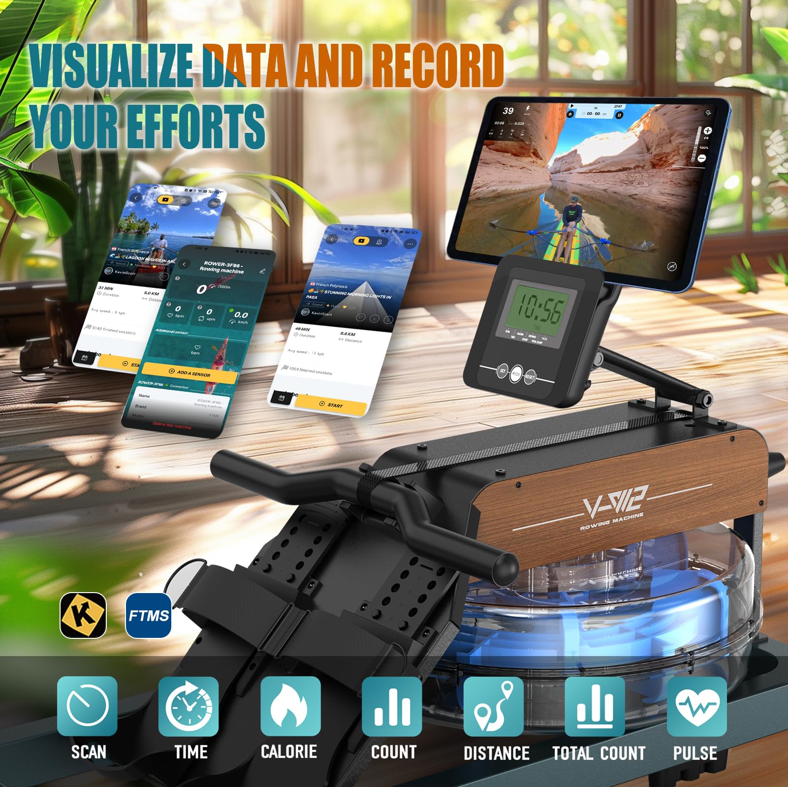 The Vowvit V-W2 Water Rower's monitor and a tablet displaying the Kinomap app, with icons for scan, time, calorie, count, distance, total count, and pulse.