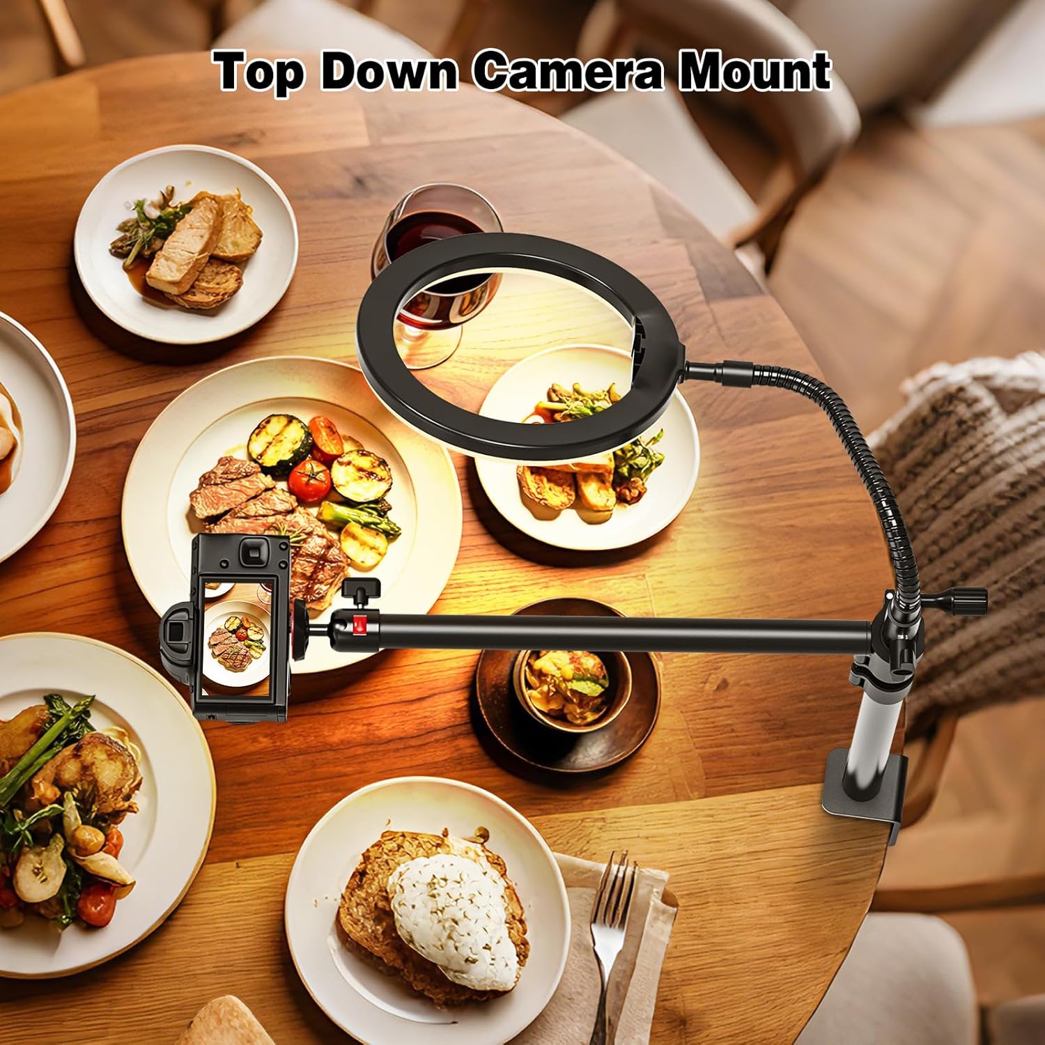 Overhead Camera Mount Desk Stand, 13.4-31.9" Height Articulating Top Down Camera Mount with C-Clamp and 1/4" Screws, 3-Section Telescopic Boom Arm for DSLR, Webcam, Digicam, Ring Light