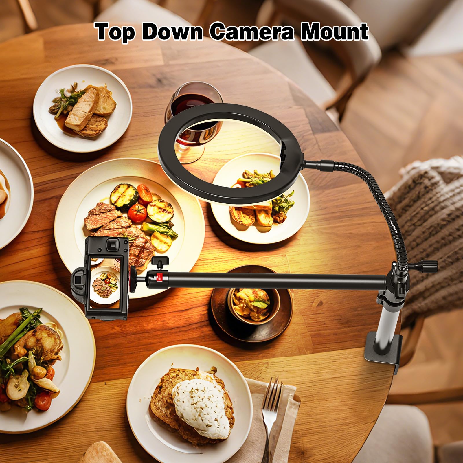 Supporto da tavolo per fotocamera con collo di cigno flessibile, 34-108 cm, con braccio flessibile e testa a sfera da 1/4" per DSLR, luce ad anello, Live Streaming, riprese video