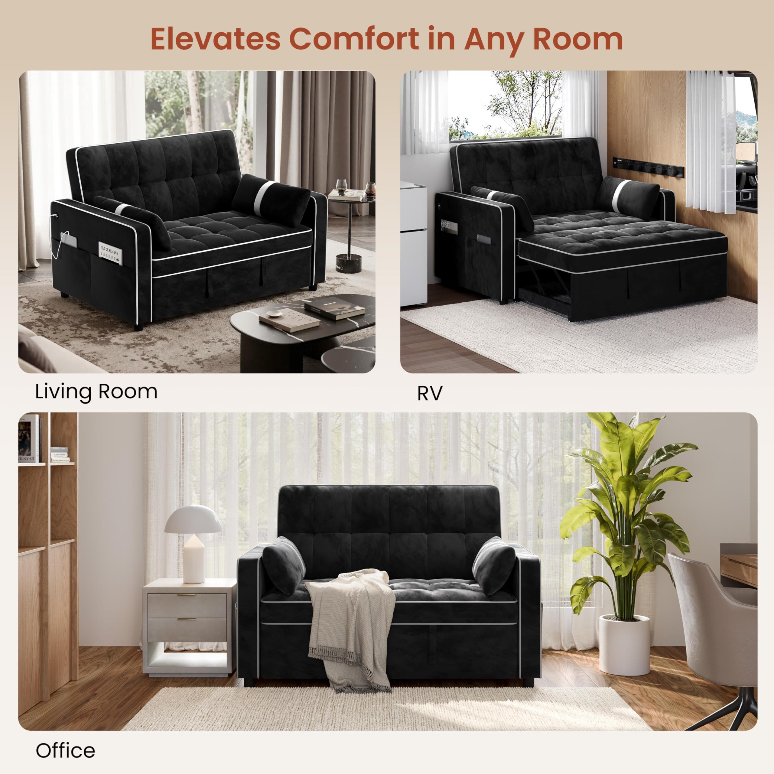 Yaheetech 3 in 1 Sofa Bed Convertible Sleeper Sofa with USB Ports, Black | Velvet Pull Out Couch Folding Loveseat Sleeper, Armrest Pillows, USB Ports, Side Pockets for Living Room Bedroom Apartment