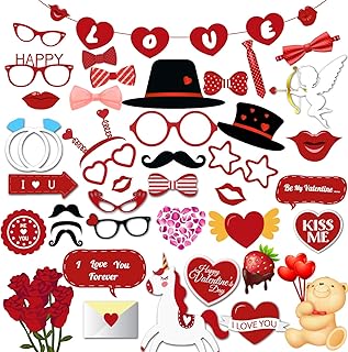 HOWAF 42pcs Photo Booth Accessori Fai da Te Photo Booth Matrimonio Foto Props Divertente Maschere con Love Ghirlande Banner per Matrimonio San Valentino Decorazione