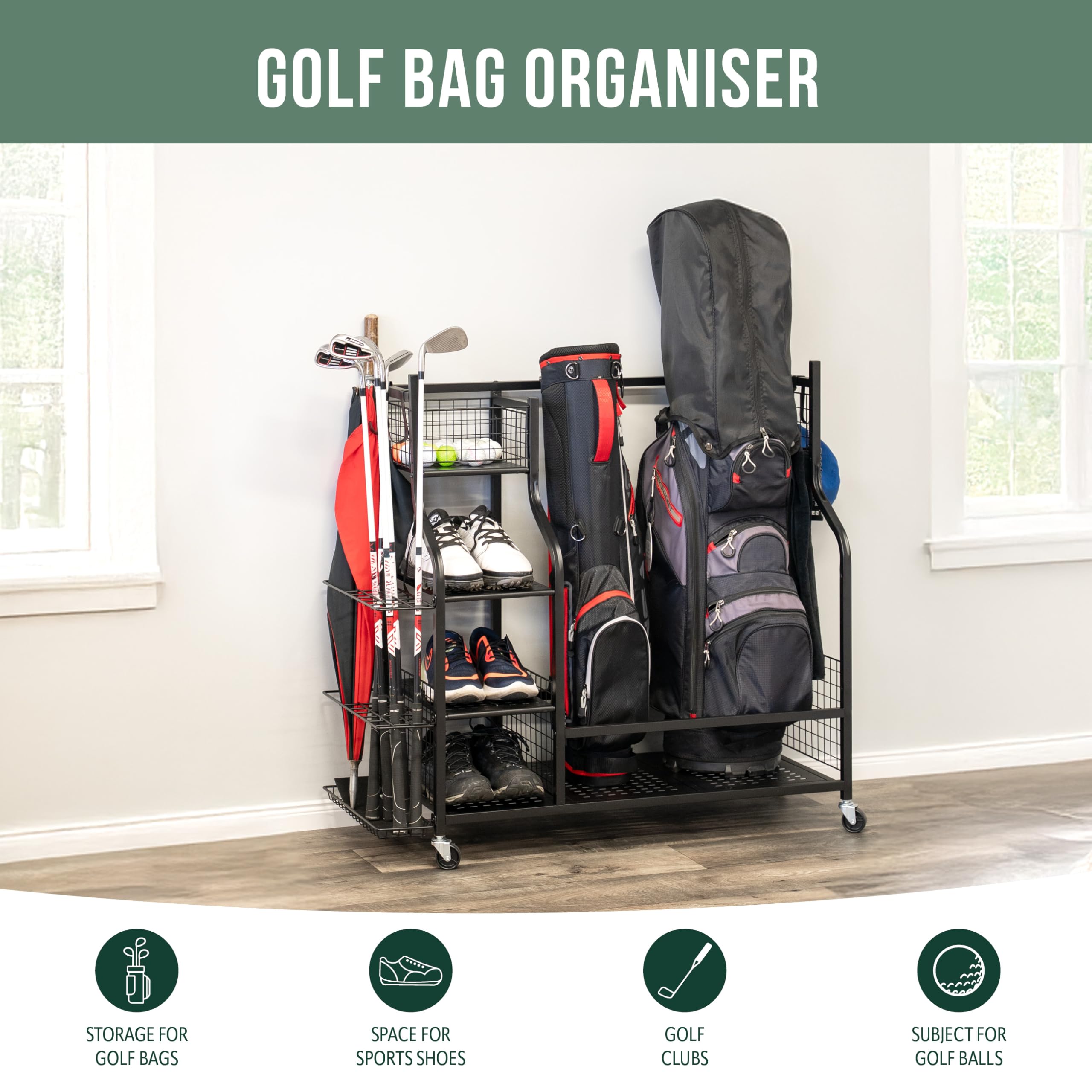 eluno Organizador de bolsas de golf con estantes estables y cestas, estante de almacenamiento para 2 bolsas de golf y accesorios de equipo de golf, soporte para bolsas de golf, de acero negro