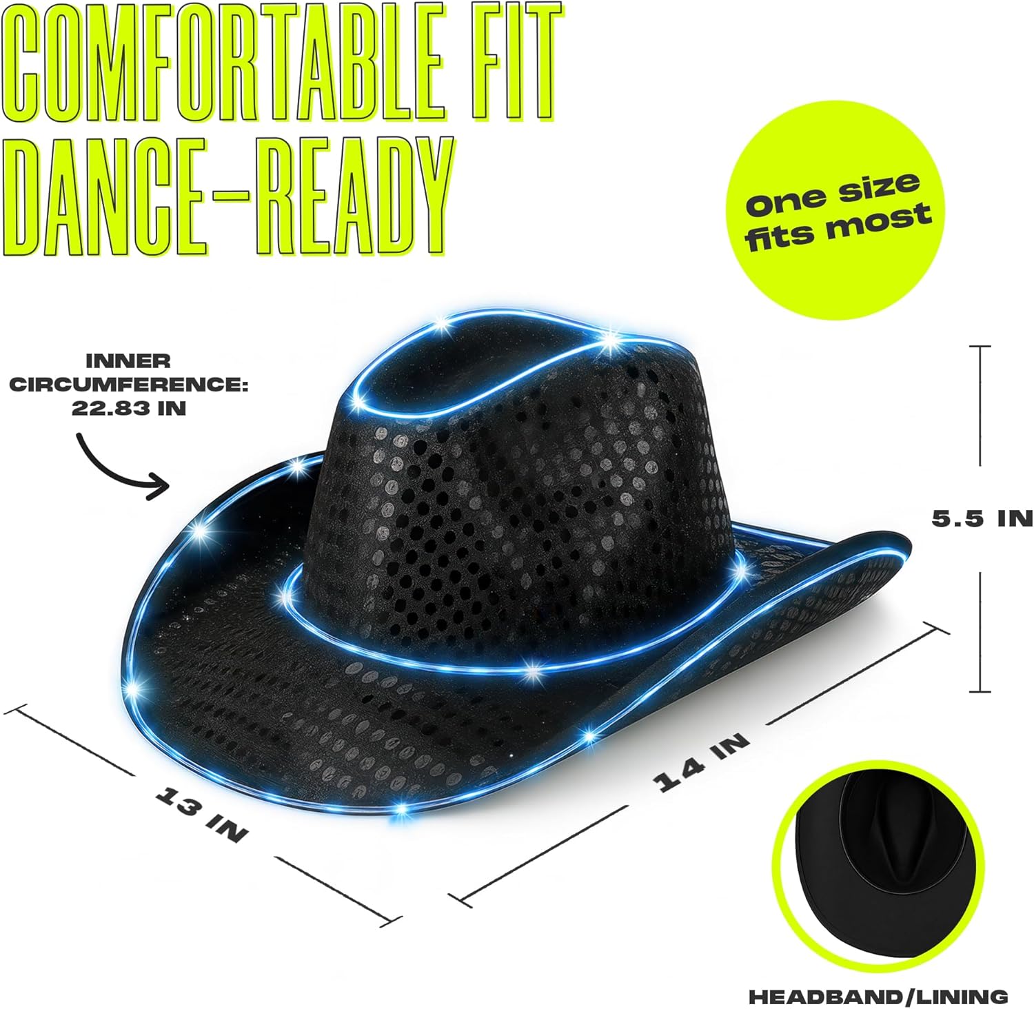 GloFX Light Up Cowboy Hat | Black Cowgirl Hat & White Cowboy Hat for Festivals, Raves & Costumes | LED Neon Western Party Hat - Image 2
