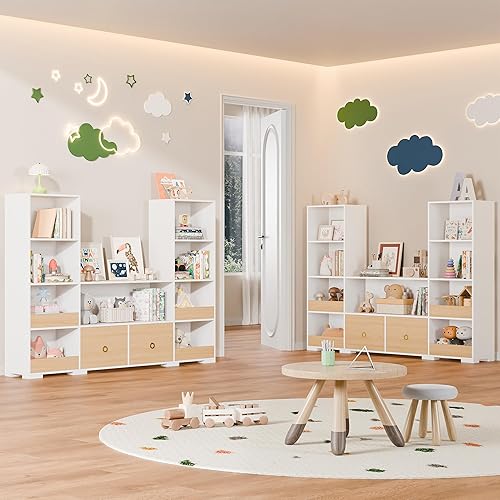 Miniatura 5 de Cozy Castle Estantería infantil de 4 niveles, estantería combinada de 70.7 pulgadas de ancho con 2 cajones, organizador de almacenamiento de