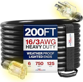 200ft Outdoor/Indoor Extension Cord 16/3 Gauge Heavy Duty 3 Prong SJTW, Waterproof, Flexible Cold-Resistant Long Power Cord,125 Amp 750W, Black by LifeSupplyUSA