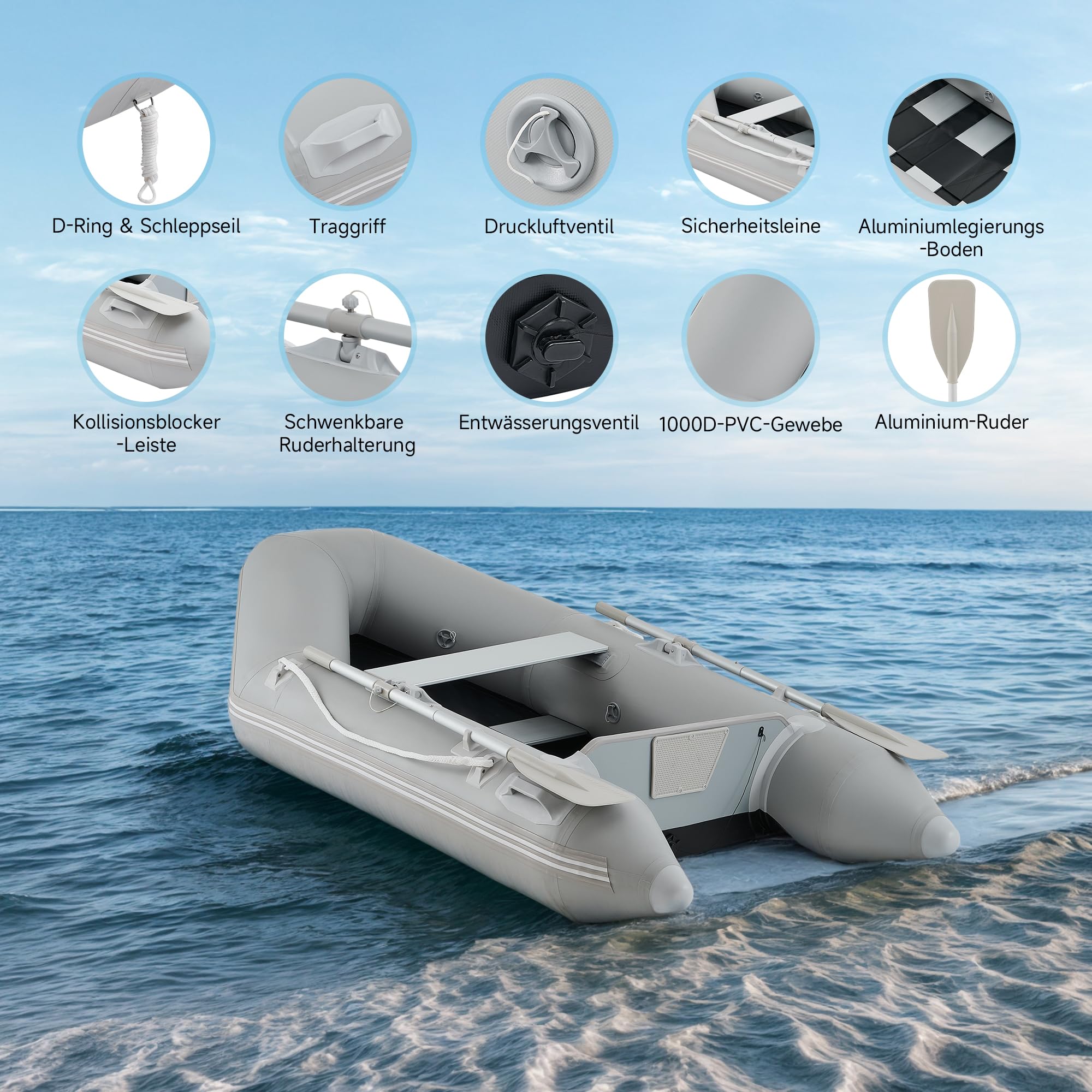 DARTMOOR Schlauchboot für Erwachsene 2 Personen Aufblasbares Boot mit 2 Paddel und Luftpumpe Grau Paddelboot Ruderboot Schlauchboot Angeln mit Sitzbank Aluboden