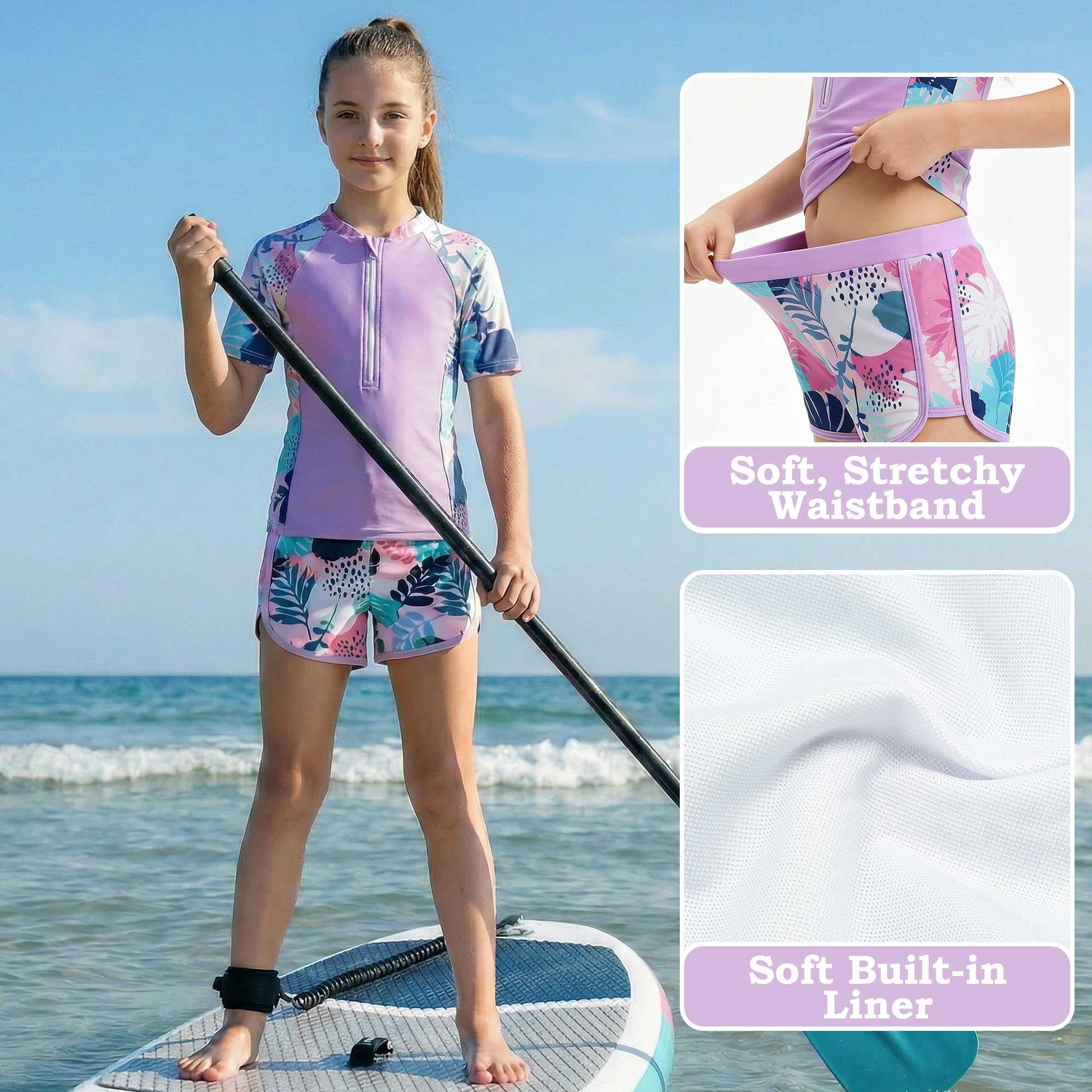 Niñas Traje de Baño 2 Piezas Manga Corta Protección Solar, Secado Rápido Estampado Top con Cremallera y Shorts, Elástico Rash Guard Playa Piscina Bañador Ropa para 5-14 Años