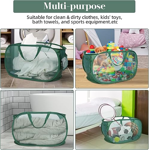 Miniatura 6 de Cesta de lavandería desplegable de malla resistente, cestas plegables con bolsillo lateral, cesta de ropa plegable con asas de transporte reforzadas