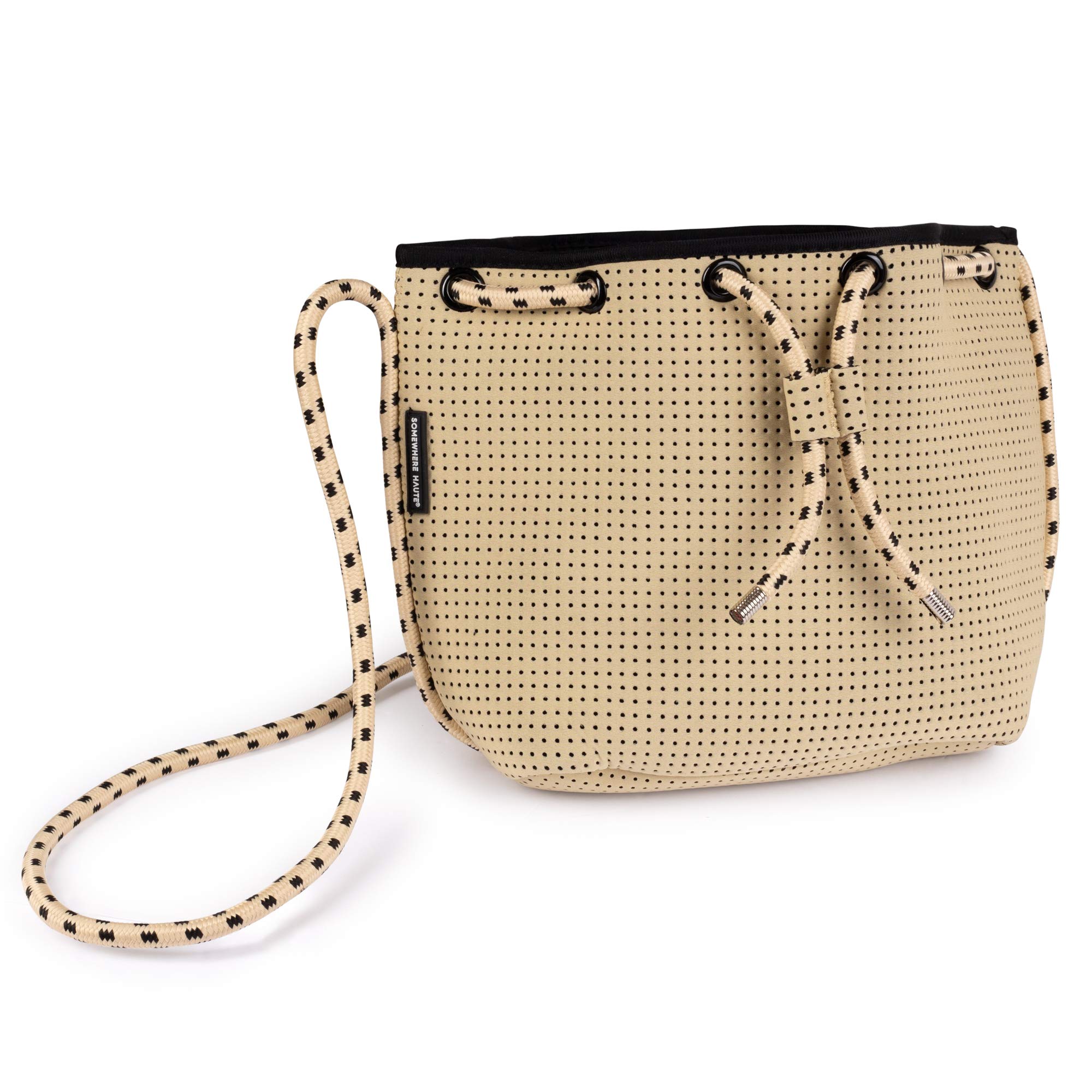 Somewhere Haute Perforated Neoprene Drawstring Crossbody Bag for Women