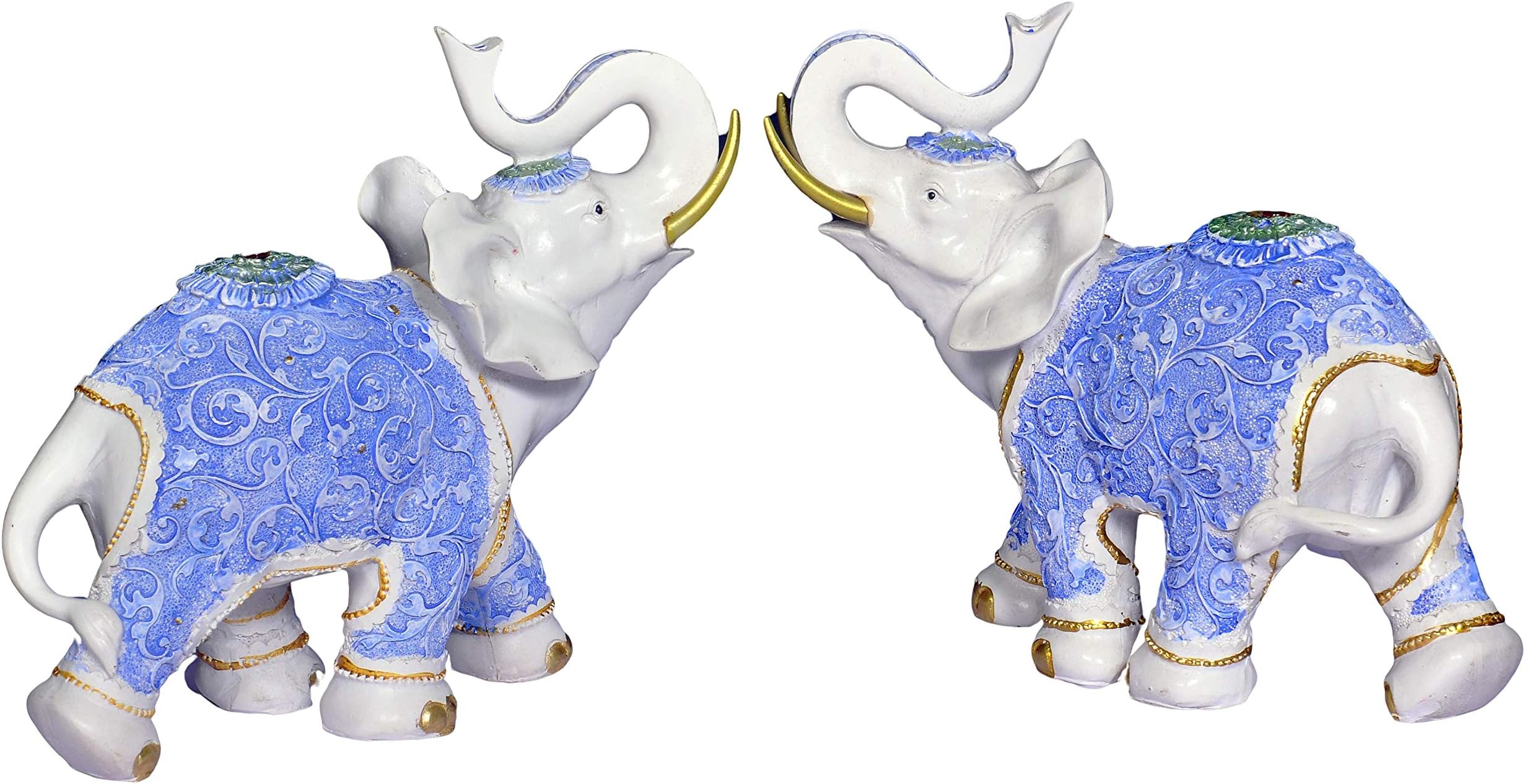 LuvBells™ Decorative Handmade Set of 2 Elephants for Wealth Luck Fengshui Figurines Home Decors Gifts (Resin Made) (White with Blue Matt)