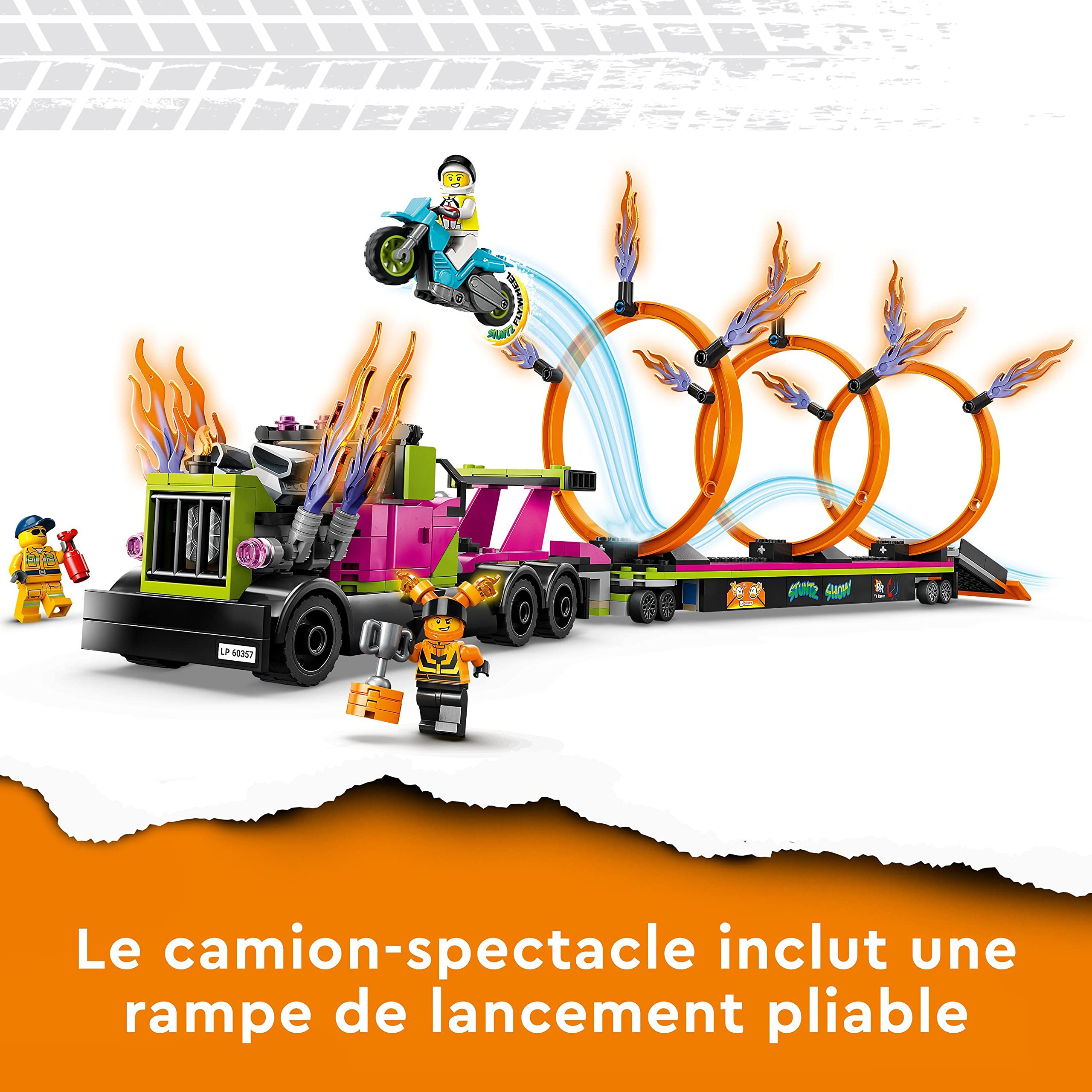 LEGO 60357 City Stuntz Le Défi de Cascade : Les Cercles de Feu, Jouet Moto de Cascadeur avec Camion et Minifigurines, Cadeau pour Enfants 6 Ans, Set 2023
