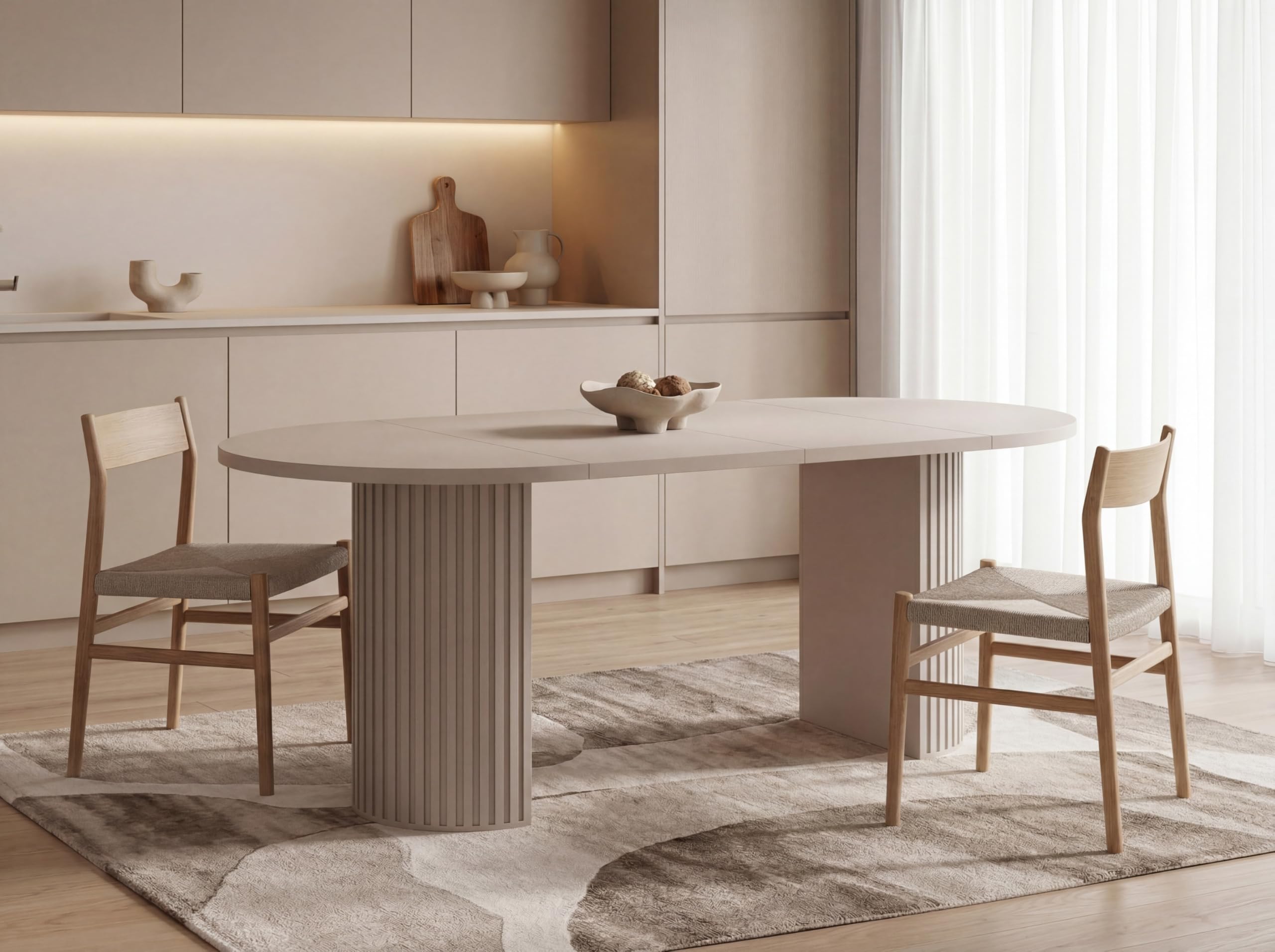 WFL GROUP Runder Esstisch Ausziehbar – von 100 cm bis 190 cm Verlängerbar – Esszimmertisch, Küchentisch in Lamellen-Optik, Oval, Säulentisch – Sandbeige