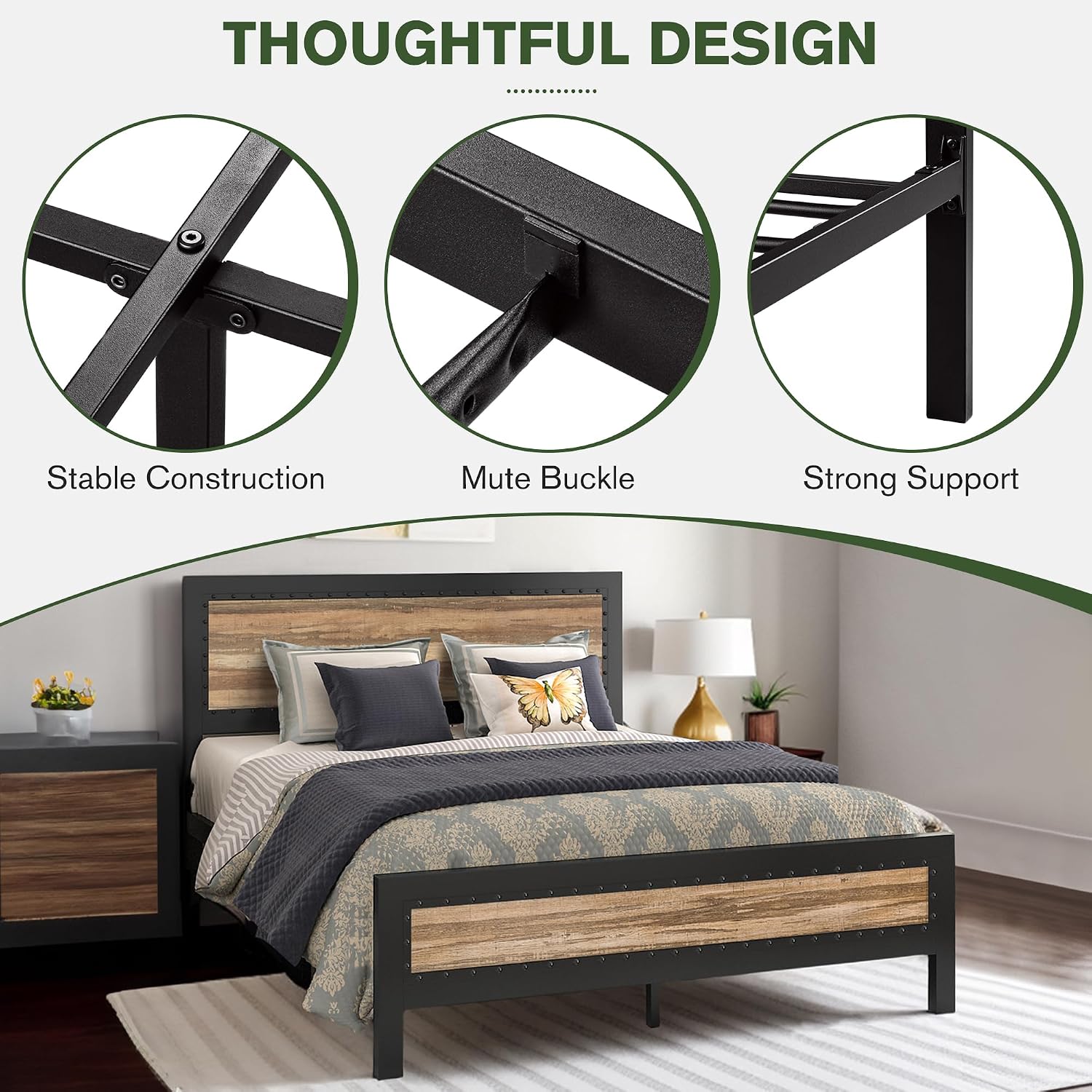 MUTICOR Queen Bed Frame with Wooden Headboard, Industrial Style Platform with Rivets Decoration & Frosted Design, Heavy-Duty Strong Metal Foundation, No Box Spring Needed, Stripe Wood