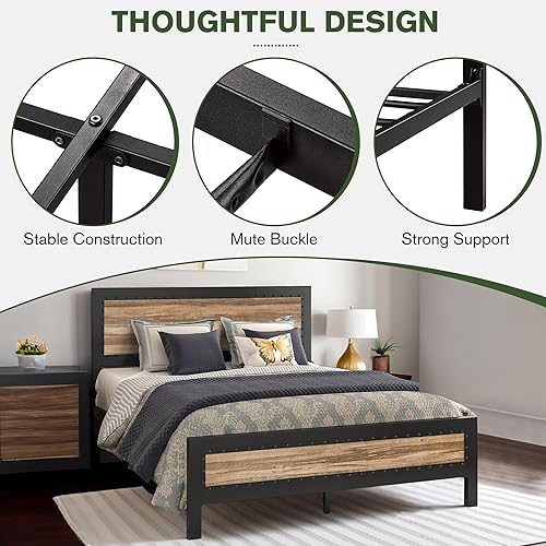 Miniatura 5 de MUTICOR Base de cama matrimonial con cabecera de madera, plataforma de estilo industrial con decoración de remaches y diseño esmerilado, base de