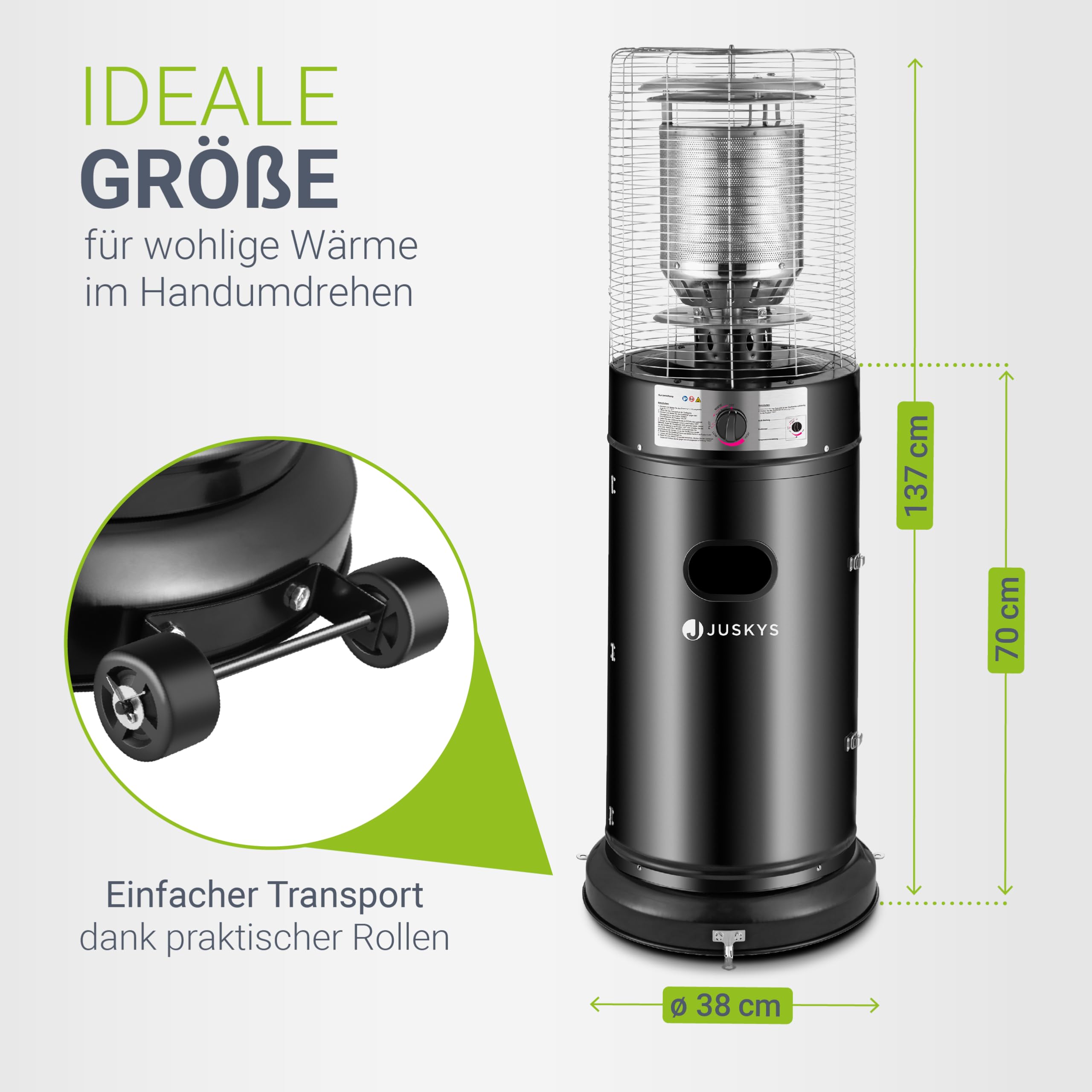 Juskys® Outdoor Heizstrahler Cuna mit 11 kW Gas-Brenner - Heizpilz Terrassenheizer mit Gas für Terrasse Balkon und Garten - für 5 und 11 kg Gasflaschen