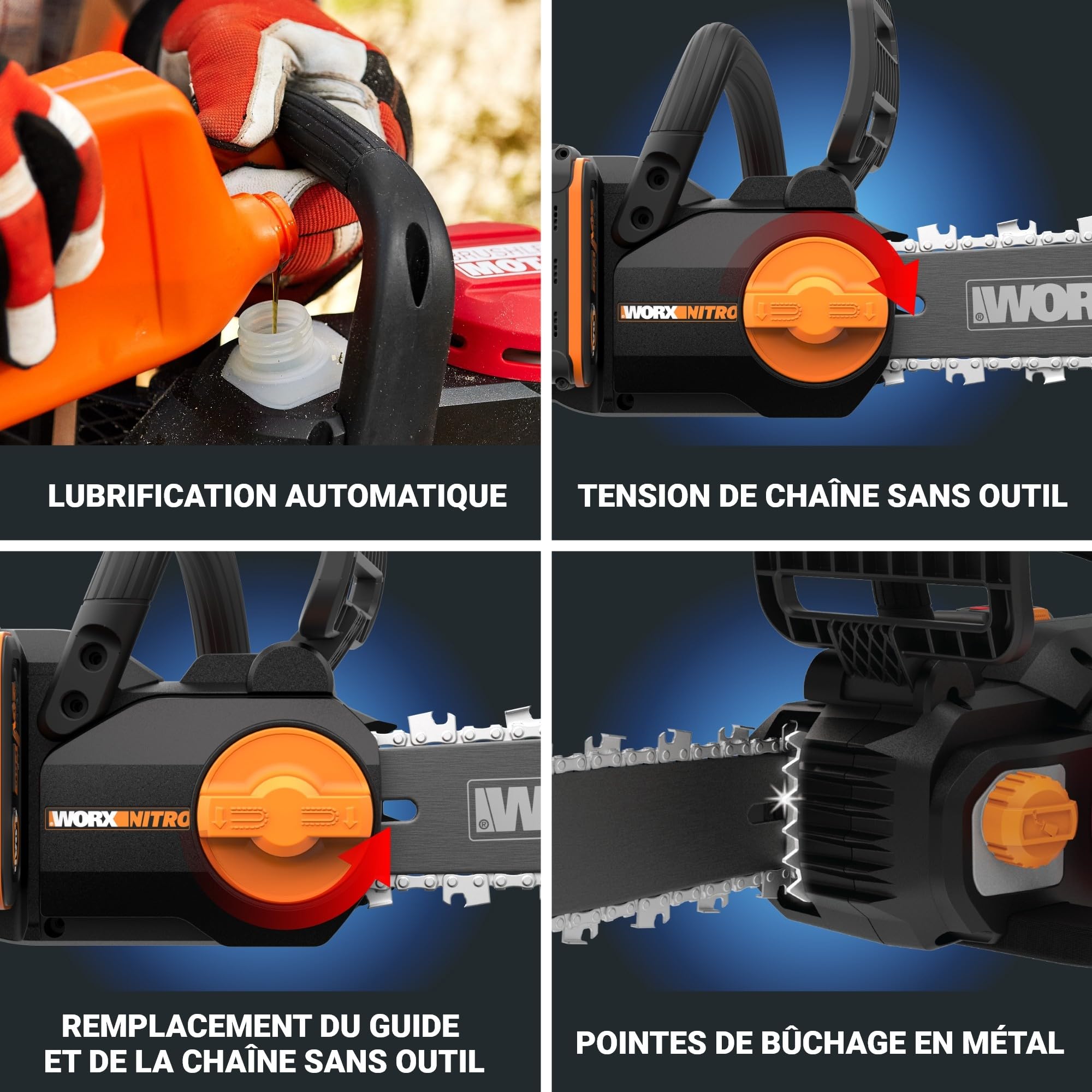 WORX WG350E Nitro profesjonalna akumulatorowa piła łańcuchowa 20 V – wydajna piła do drewna – długość cięcia 10 m/s – 30 cm – kompaktowa i bezpieczna – automatyczne smarowanie – łatwe napinanie
