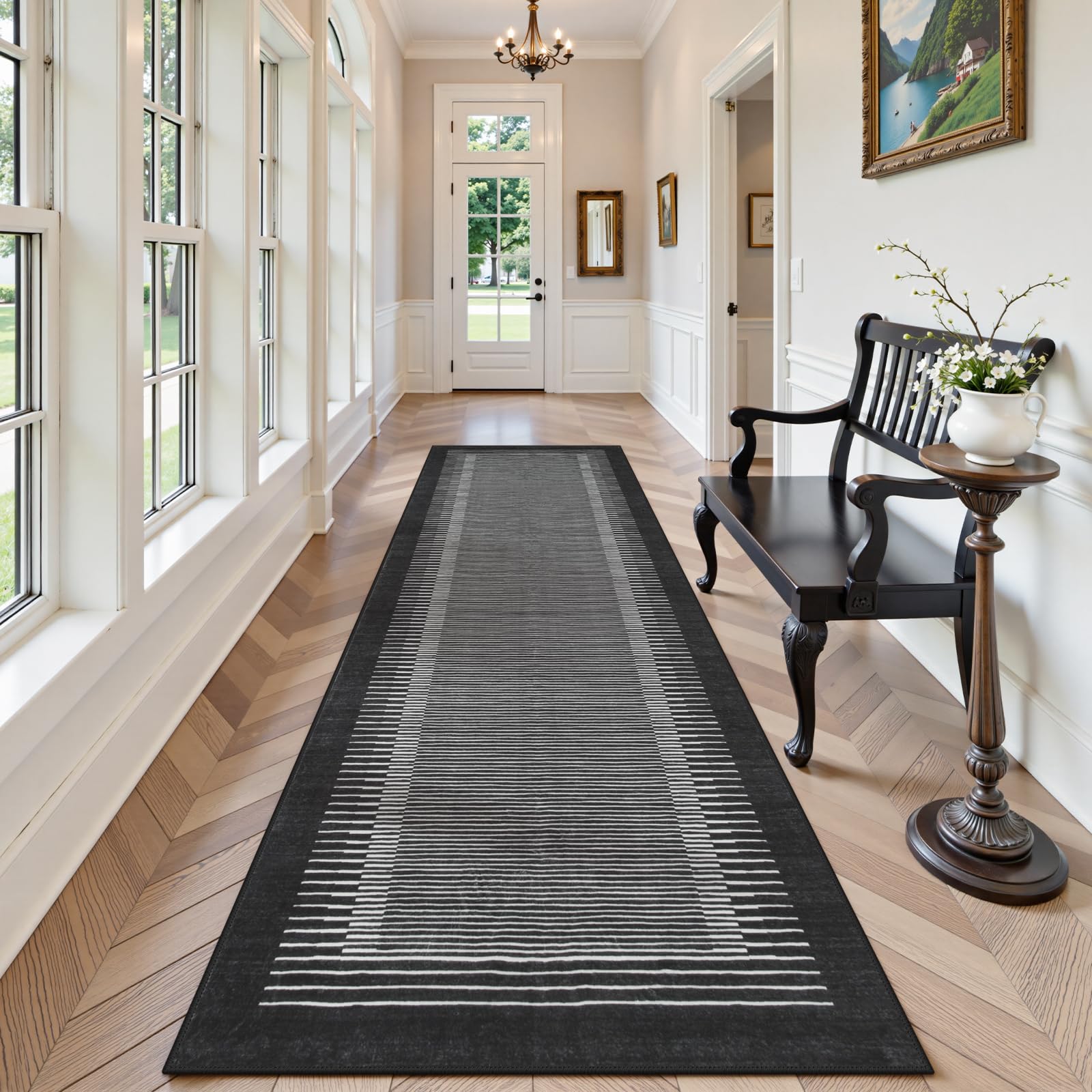 Morebes Modern 2.5x8 Runners for Hallways Non Slip, Black Kitchen Runner Rug Non Skid Washable Bathroom Runner, Stain Resistant Soft Low Pile Indoor Carpet for Hallway Entryway Bedroom