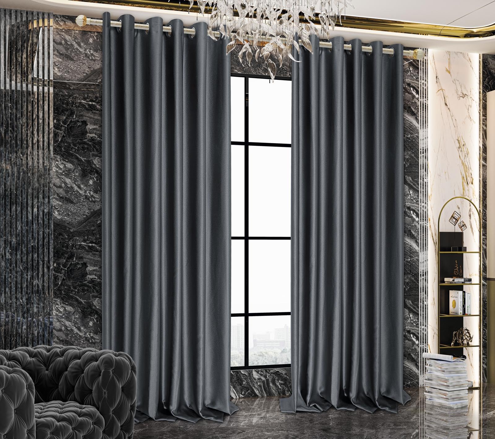 PRIME LINENS 100% Blackout Curtains for Bedroom - 320 GSM Blackout Living Room Curtains Soft Thermal Insulated Curtain Pair Panels (Veince Grey, 46X90 Inches)