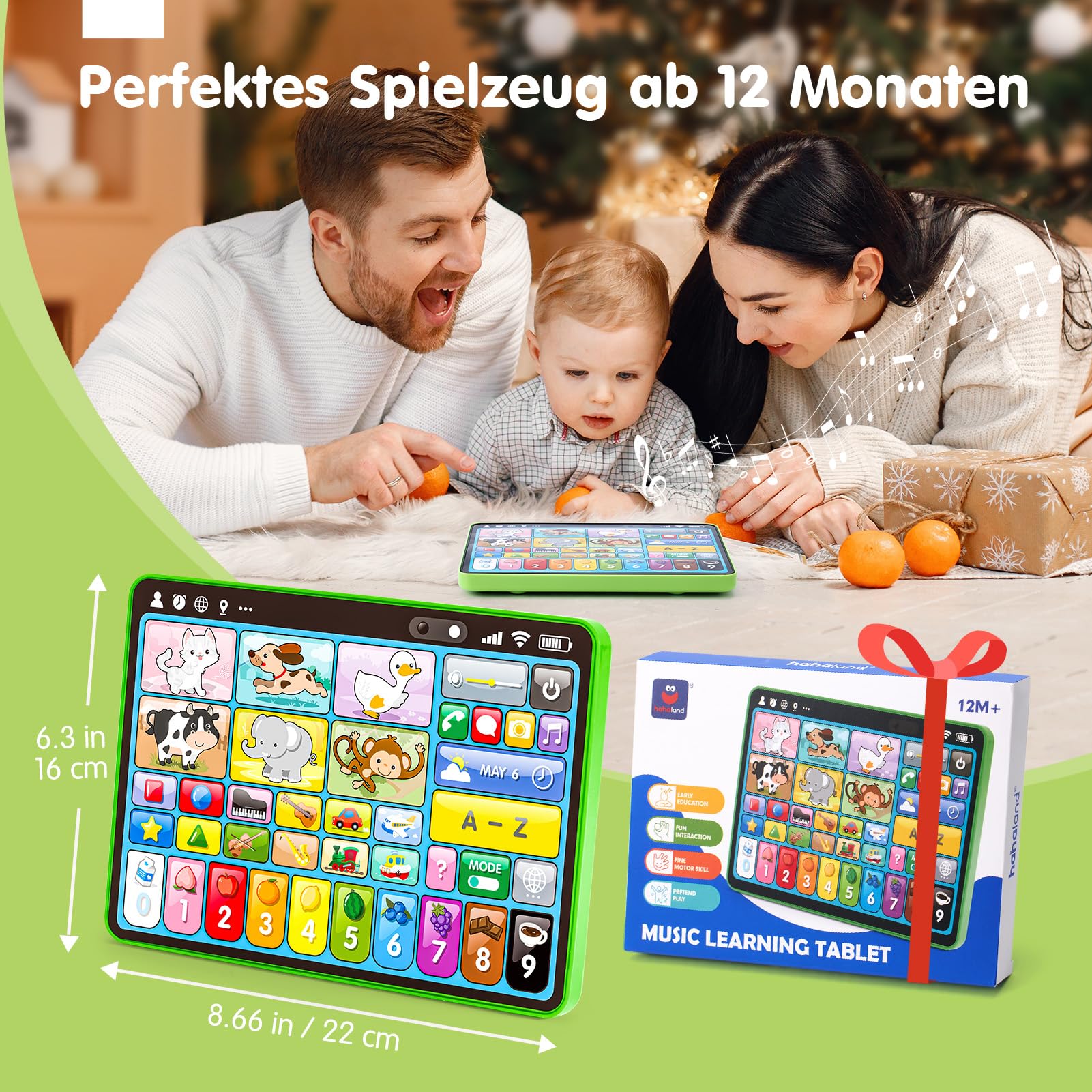 hahaland Kinder Laptop Baby Tablet für 1 2 3 Jahr alte Jungen Mädchen, Augenfreundliches Elektrisches Lernspielzeug mit Words,Zahlen,Alphabete,Songs, Montessori Spielzeug (EN/DE/FR/IT/ES)
