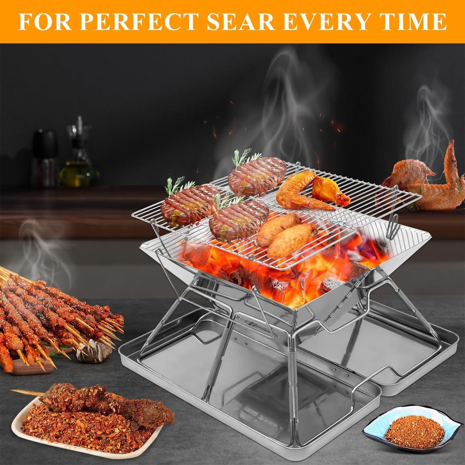 Asador de Carbón Parrilla De Barbacoa Acero Inoxidable, Portátil Para Acampar Para Mochileros, Senderismo, Viaje, Picnic Exterior Camping Picnic