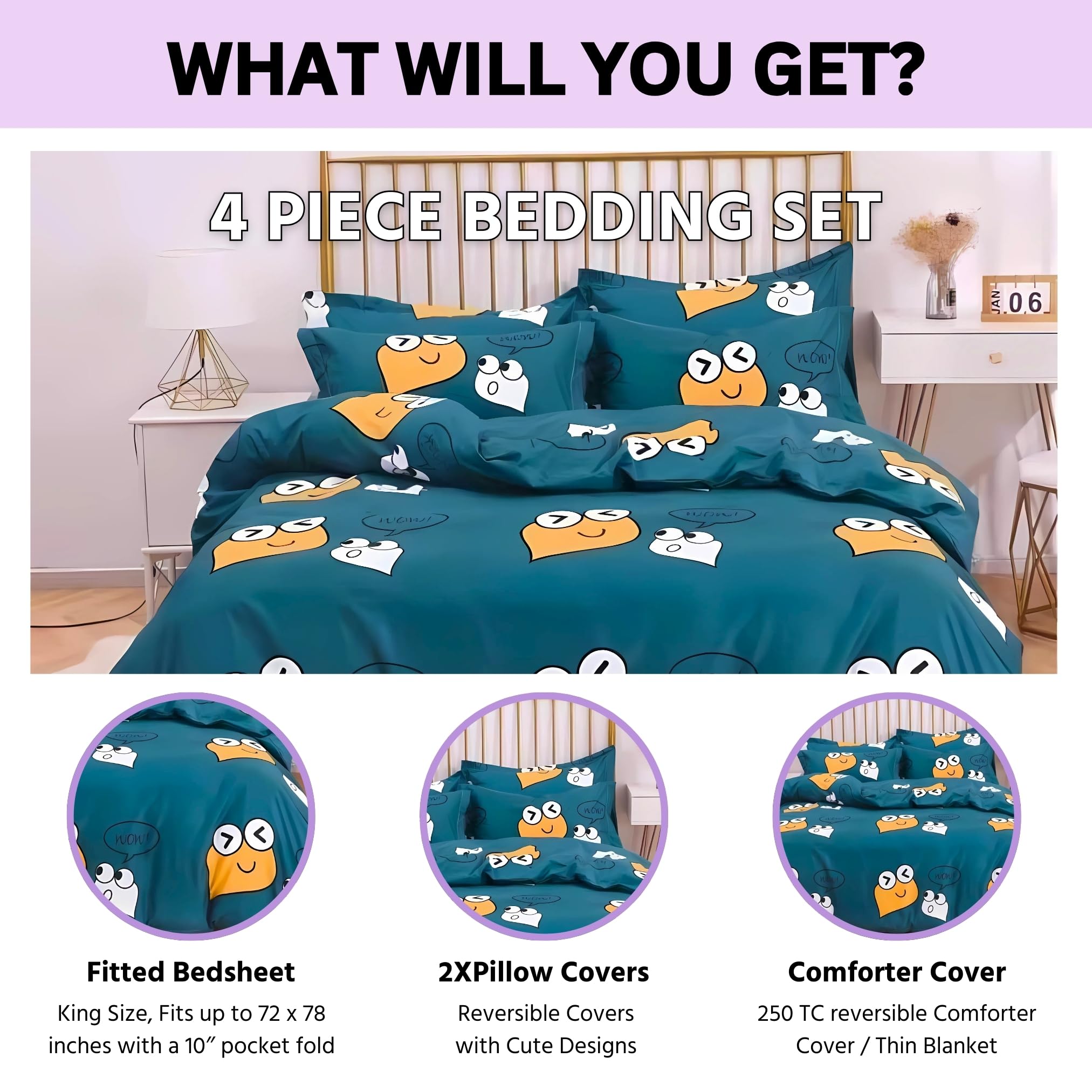 Famyo® King Size Bedsheet Set with 2 Pillow Covers, 250 TC Fitted Bedsheet & Comforter Cover (4pc Set) – Home Decor, 72x78 inches Kids/Children Bedsheet, Cute Smiles Design 1