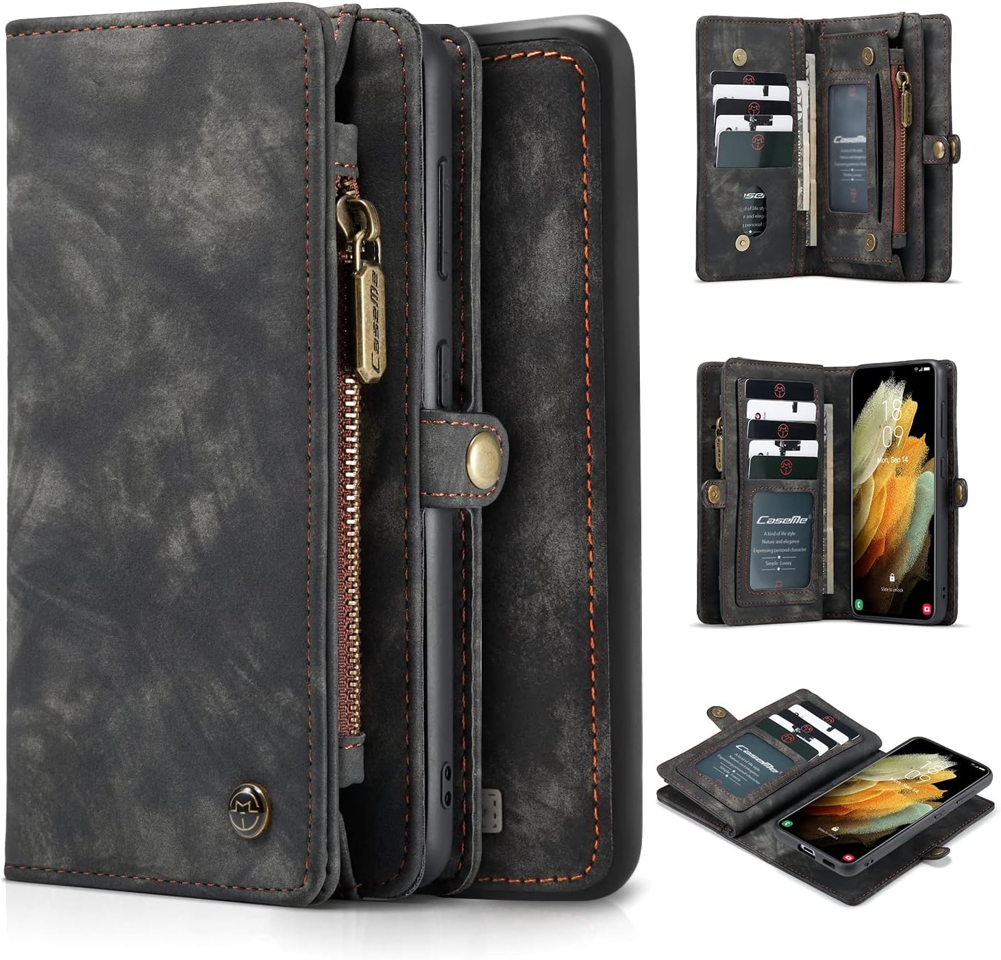 KONKY Caseme Wallet Case Magnetic Detachable Removable Phone Cover Pouch Folio Durable Leather Purse Flip Card Pockets Holder Bag Smooth Zipper (S21, Black)