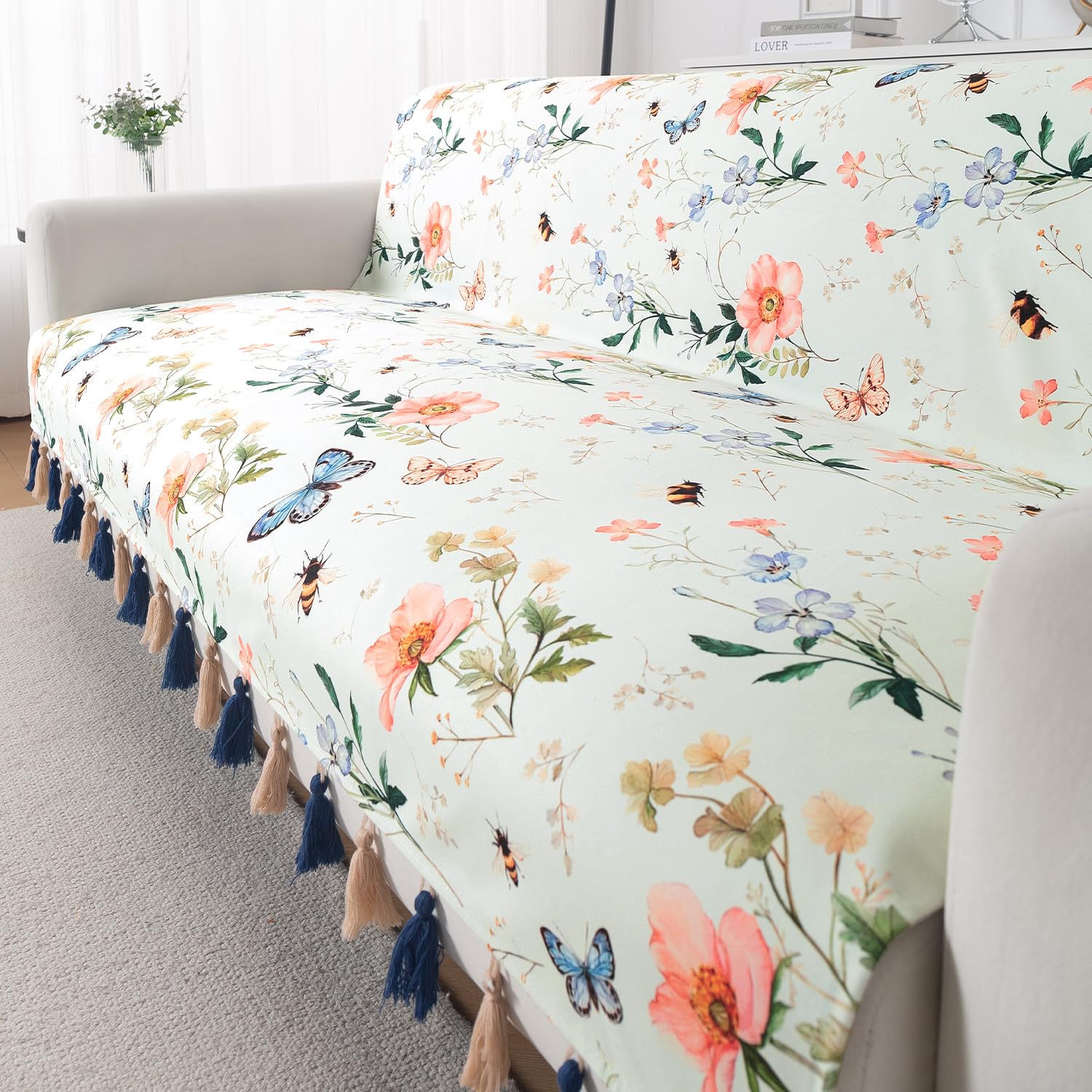 HOKIPO Sofa Cover with Tassel for 3 Seater Sofa | Full Protection for Seat and Back | Printed Holland Velvet Fabric | 'Whispers of Nature' (160x175 cm), Pastel Butterfly Meadow (IN-1127-D2)-image-31