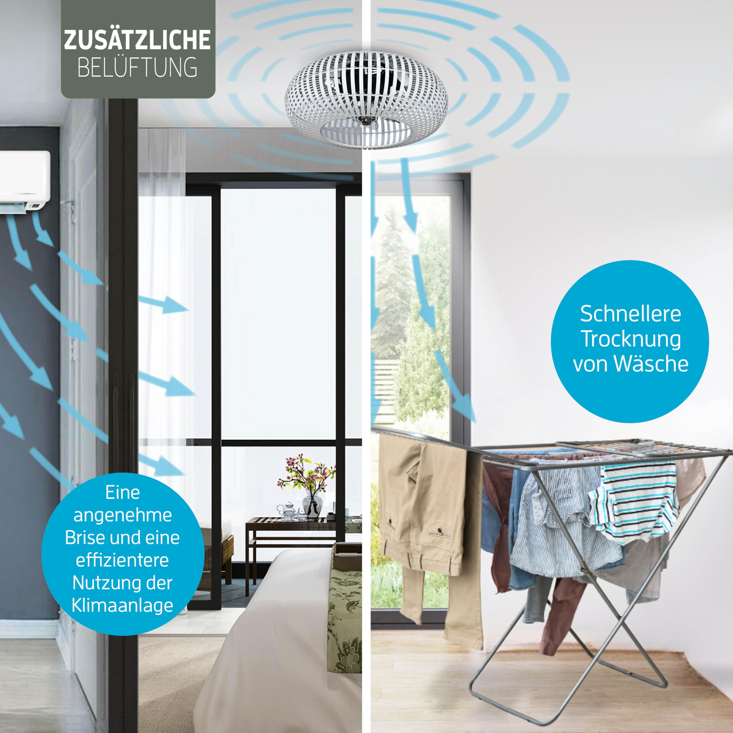 Varin® Smart Deckenventilator mit Beleuchtung, Ø 50cm - Bambus Weiß | Ventilator Lampe Decke mit 4x E27 Fassungen (ohne Leuchtmittel), Tuya WLAN, Deckenleuchte mit Ventilator, Fernbedienung