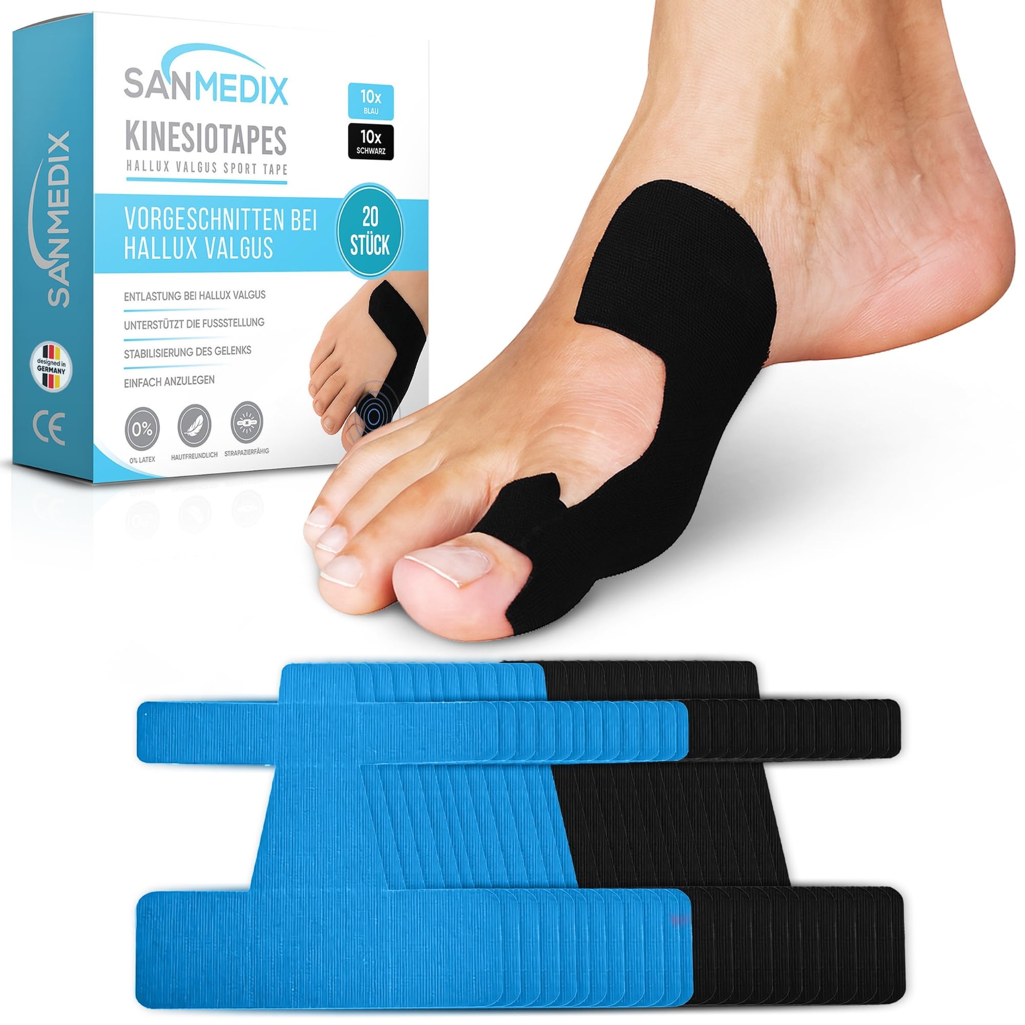 Hallux Valgus Kinesiotape – 20 bandes prédécoupées Sport & Physio Tapes pour orteil et pied – Bande de kinésiologie prédécoupée pour hallux valgus, respectueuse de la peau et sans latex (Noir