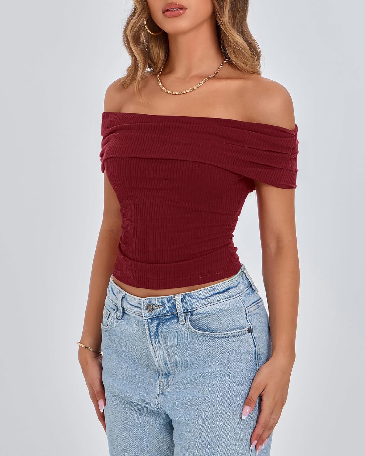 BTFBM Women's Off Shoulder Summer Tops 2025 Ribbed Knit T Shirts Short Sleeve Stretchy Slim Fit Trendy Going Out Top - (color: Wine Red, size: Small)